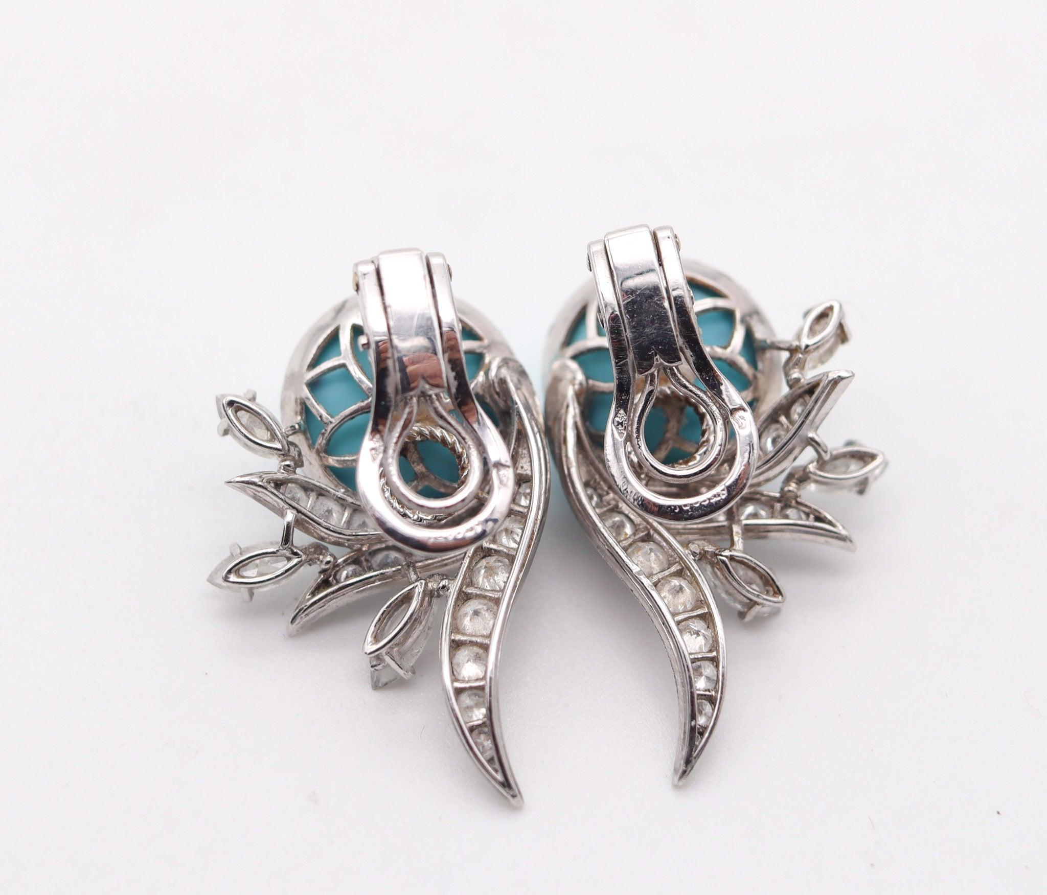 Women's FRENCH 1938 Art-Deco Platinum Clips Earrings With 27.62 Ctw Diamonds & Turquoise For Sale