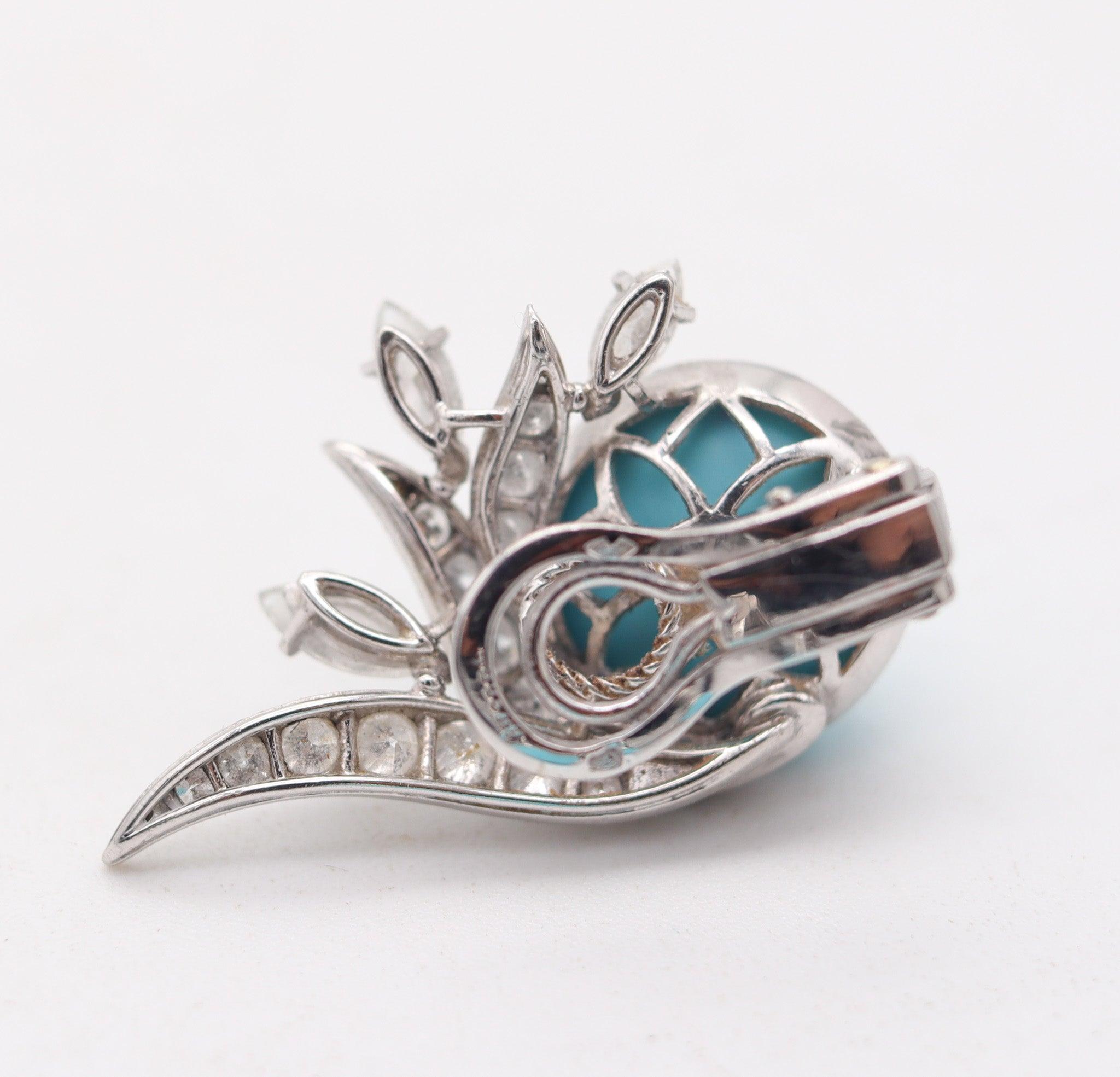 FRENCH 1938 Art-Deco Platinum Clips Earrings With 27.62 Ctw Diamonds & Turquoise For Sale 1