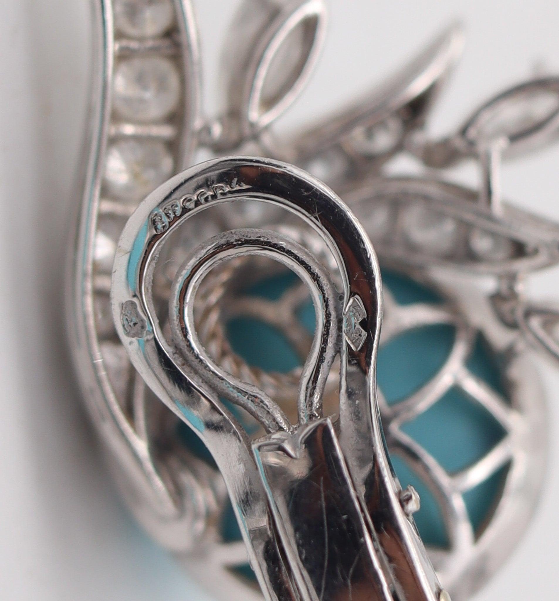 FRENCH 1938 Art-Deco Platinum Clips Earrings With 27.62 Ctw Diamonds & Turquoise For Sale 2