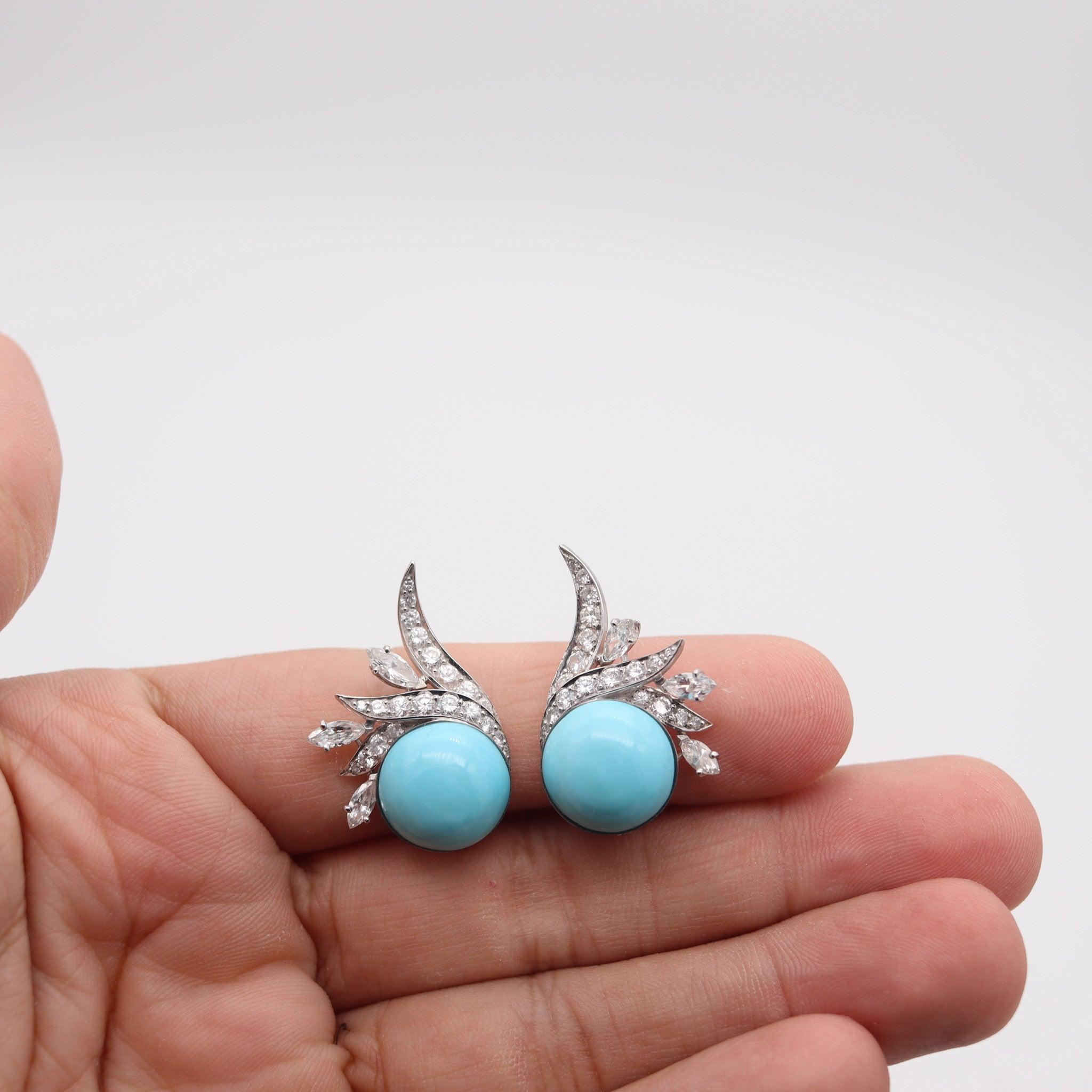 FRENCH 1938 Art-Deco Platinum Clips Earrings With 27.62 Ctw Diamonds & Turquoise For Sale 3