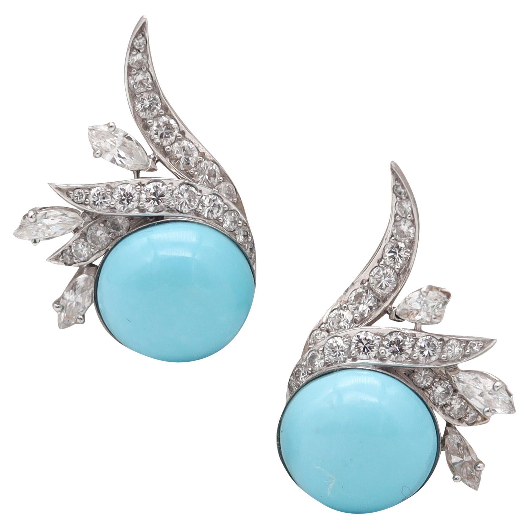 FRENCH 1938 Art-Deco Platinum Clips Earrings With 27.62 Ctw Diamonds & Turquoise