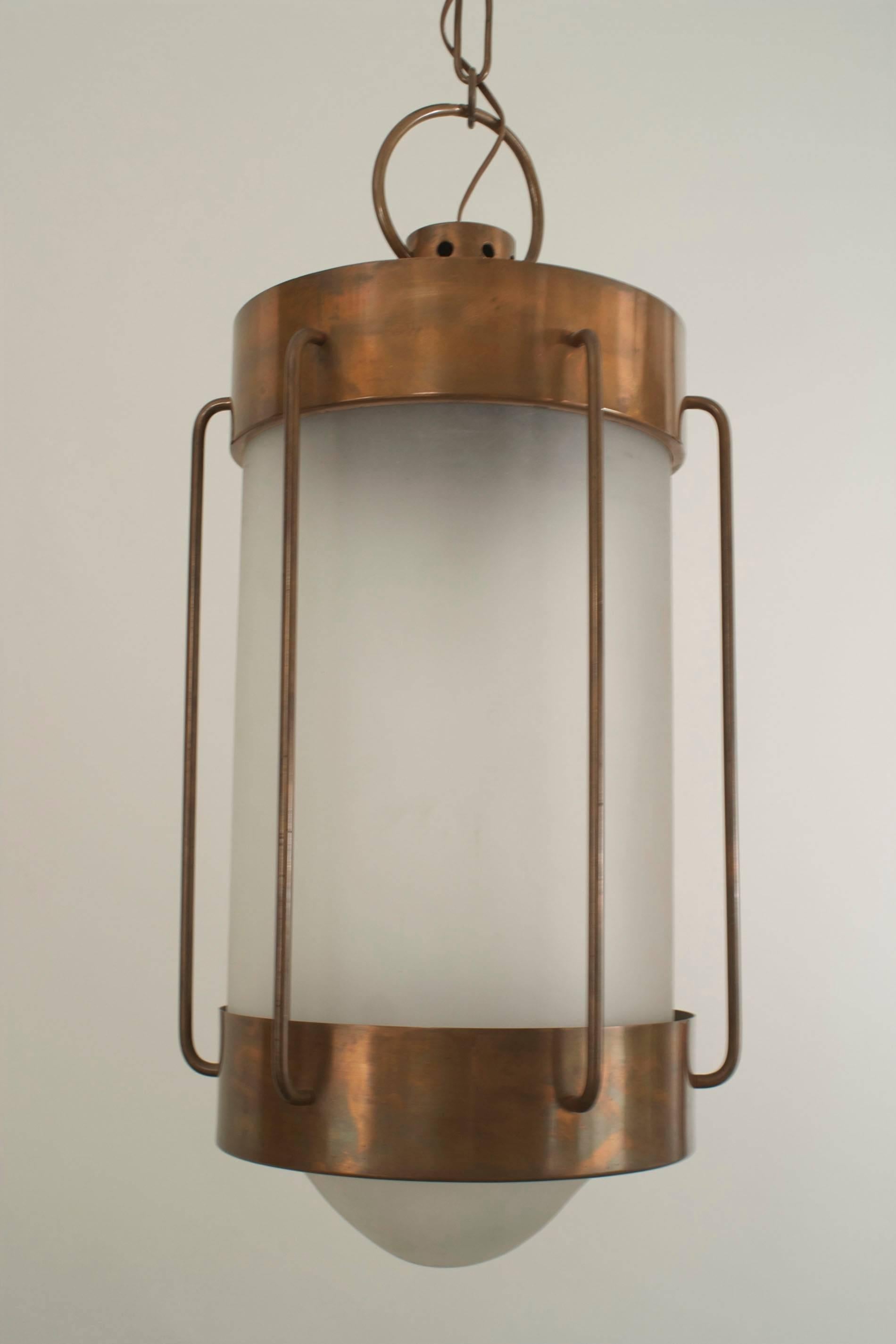 French 1940s oxidized copper cylindrical shaped lantern with 4 frosted glass panels and a convex frosted glass round bottom.
