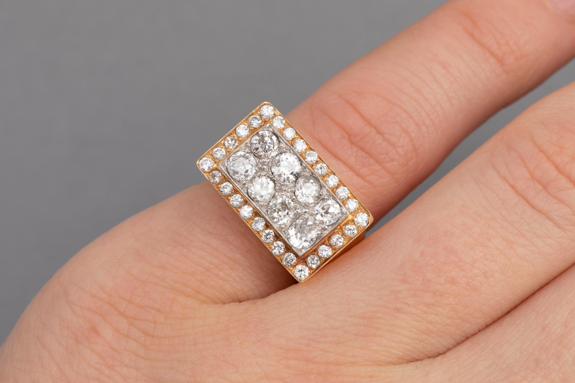 Very beautiful retro ring, made in France circa 1940.

Mounted in yellow gold 750, Platinum and beautiful diamonds. 

The central diamonds weights 0.15 each estimate, brillant cut, they shine ver. Total weight 1.50 carats. 

Ring size: 3.5 us OR 46