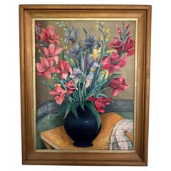 French 1940´s Still life painting of flowers signed Pradere