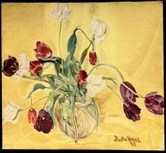1940's French Colourful Bunch of Tulips Glass Bowl Yellow Interior Oil Painting