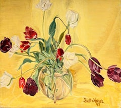 1940's French Colourful Bunch of Tulips Glass Bowl Yellow Interior Oil Painting