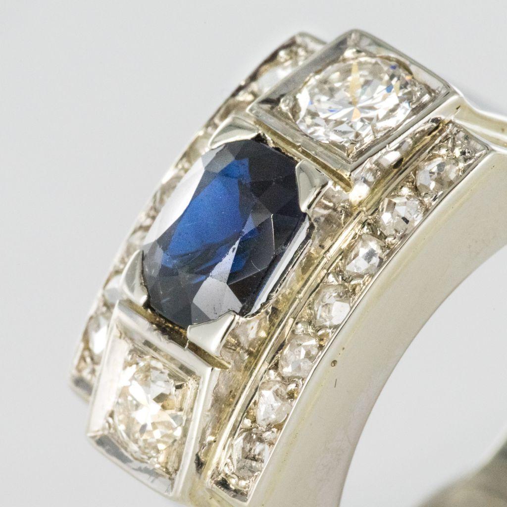 French 1940s 18 Karat White Gold Sapphire Diamonds Ring 5