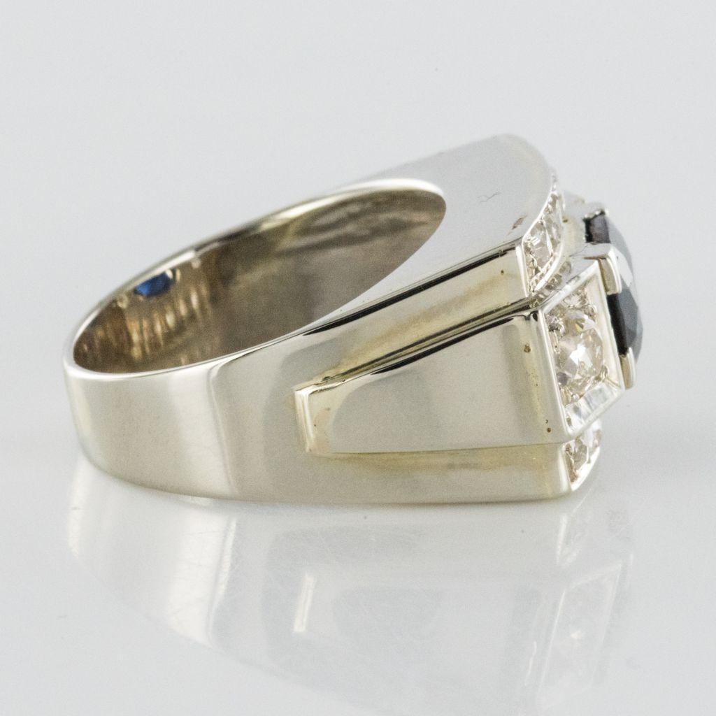 French 1940s 18 Karat White Gold Sapphire Diamonds Ring 1