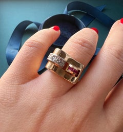 French 1940s 18k Yellow Gold Diamond Ruby Tank Ring