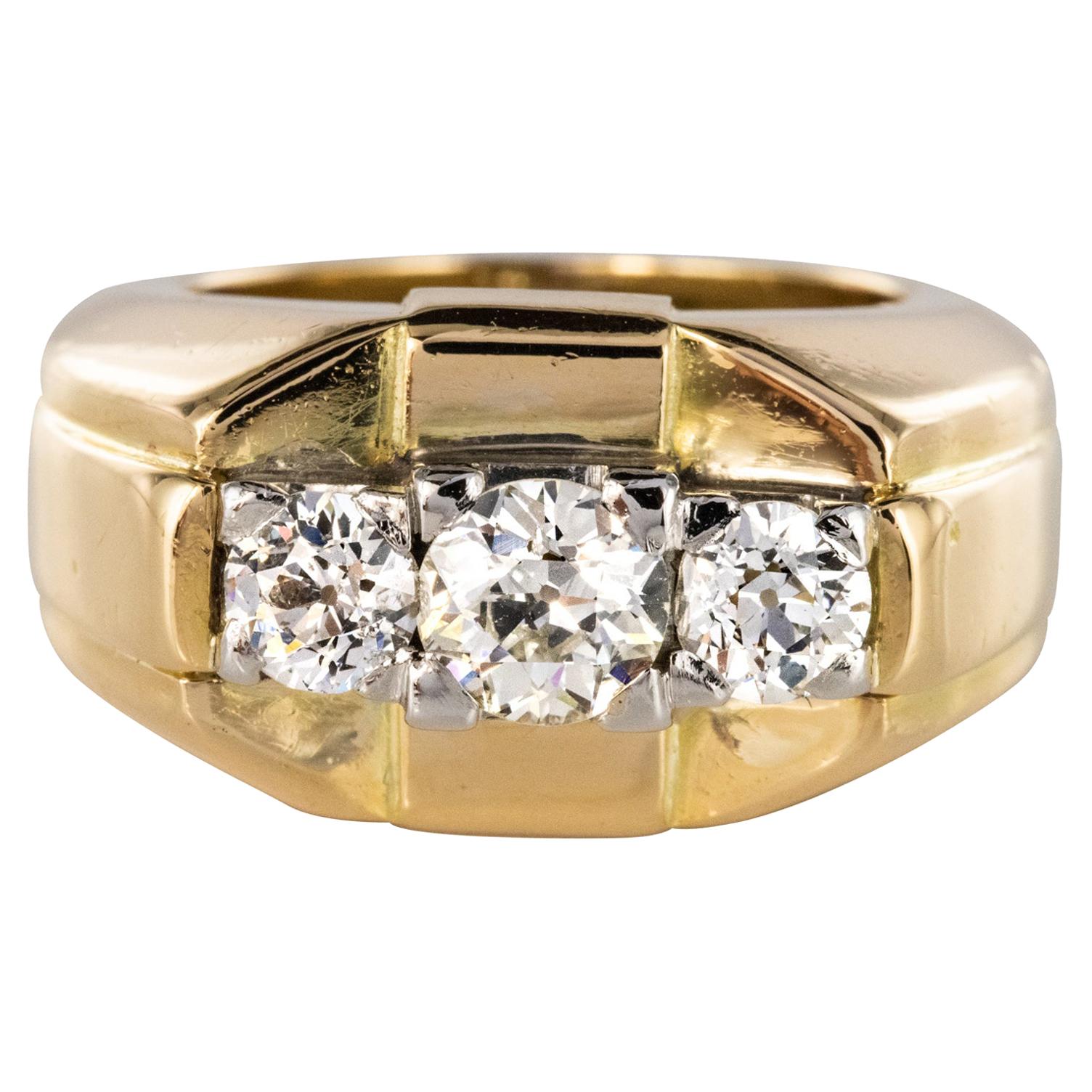 French 1940s 3 Diamonds 18 Karat Yellow Gold Tank Bangle Ring For Sale