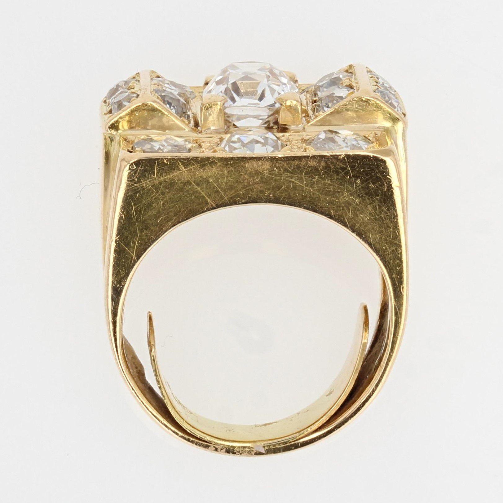 French 1940s 3.60 Carat Diamonds 18 Karat Yellow Gold Tank Ring 6