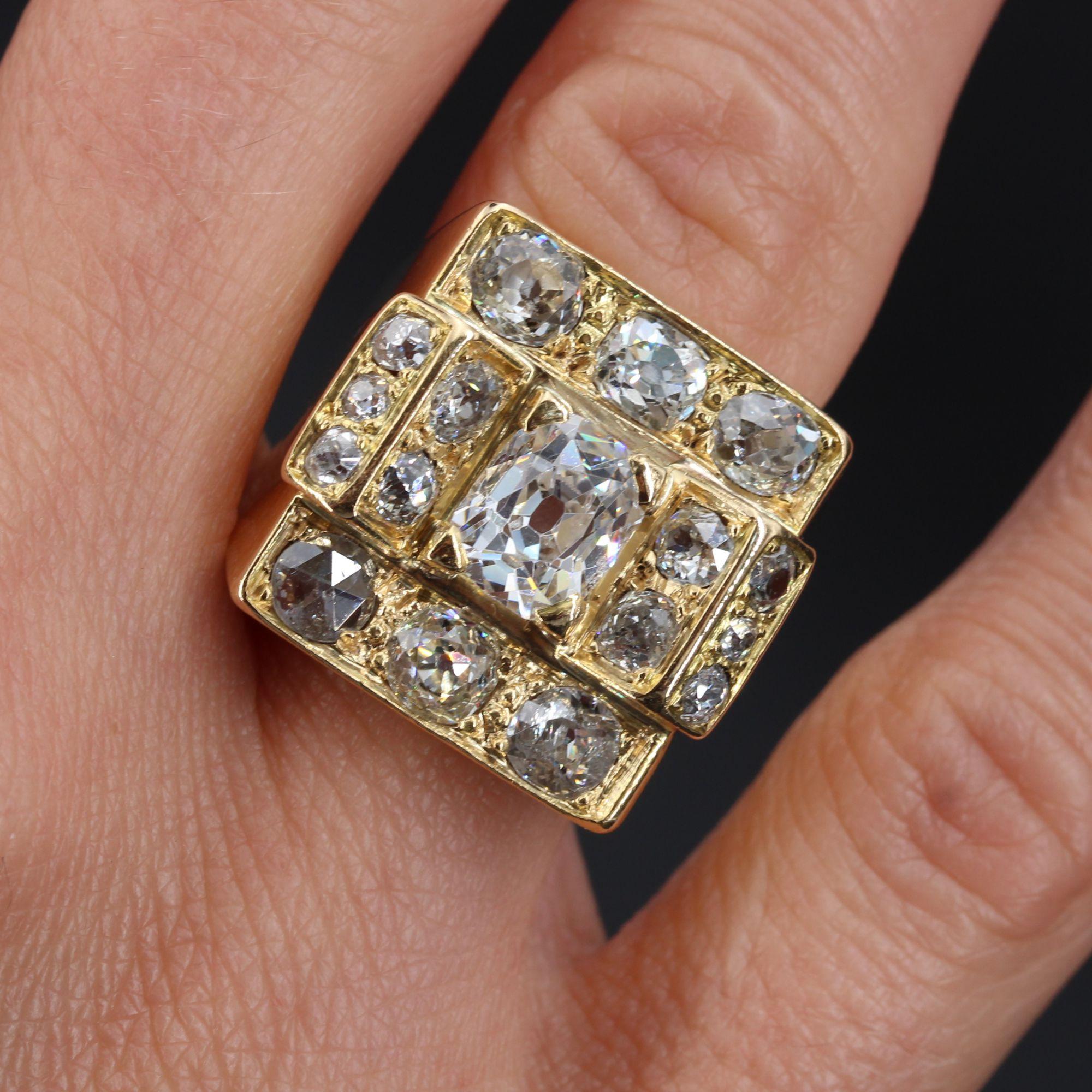 Women's French 1940s 3.60 Carat Diamonds 18 Karat Yellow Gold Tank Ring