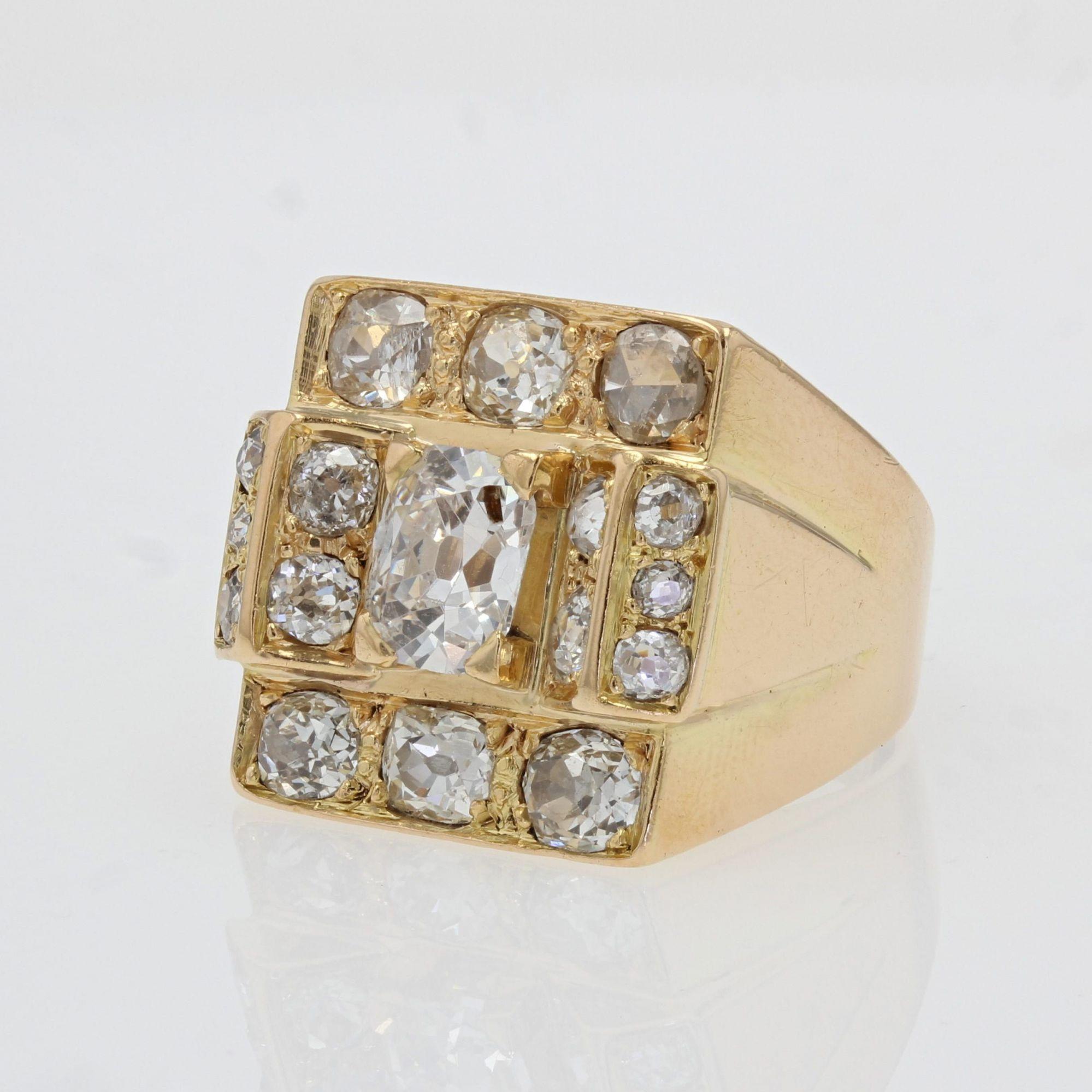 French 1940s 3.60 Carat Diamonds 18 Karat Yellow Gold Tank Ring 1