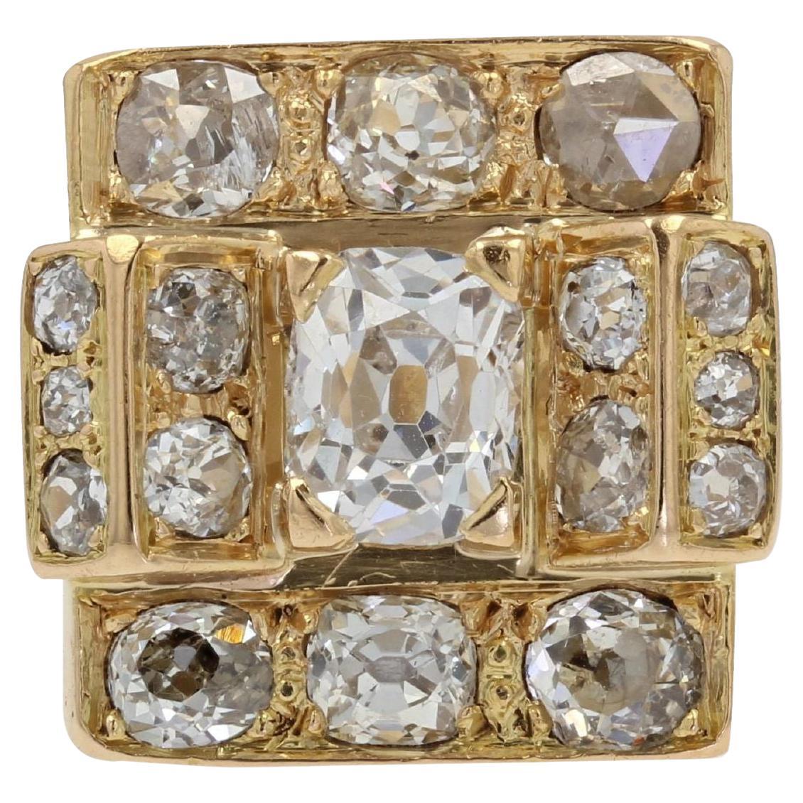 French 1940s 3.60 Carat Diamonds 18 Karat Yellow Gold Tank Ring