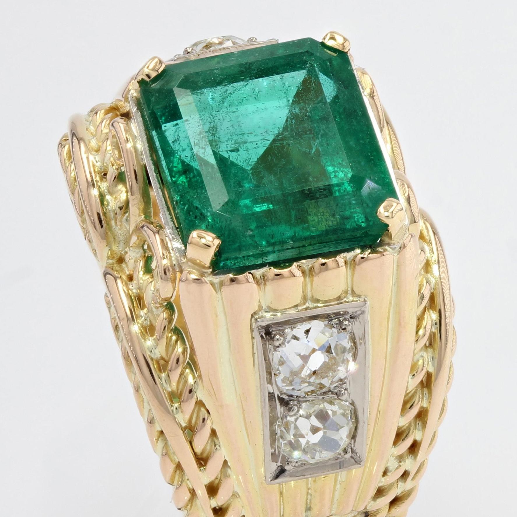 French, 1940s 6, 41 Carat Emerald Diamonds 18 Karat Yellow Gold Platinum Ring For Sale 9