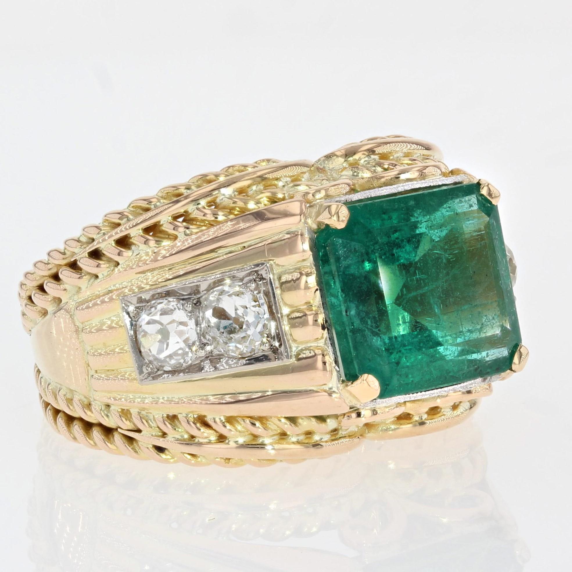 Emerald Cut French, 1940s 6, 41 Carat Emerald Diamonds 18 Karat Yellow Gold Platinum Ring For Sale