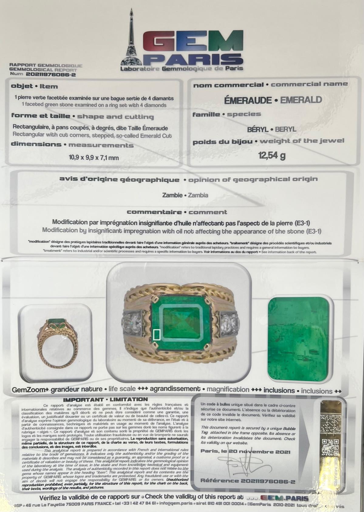 18 Karat Gelbgold Platinring mit 6, 41 Karat Smaragd und Diamanten, Französisch, 1940er Jahre im Angebot 14