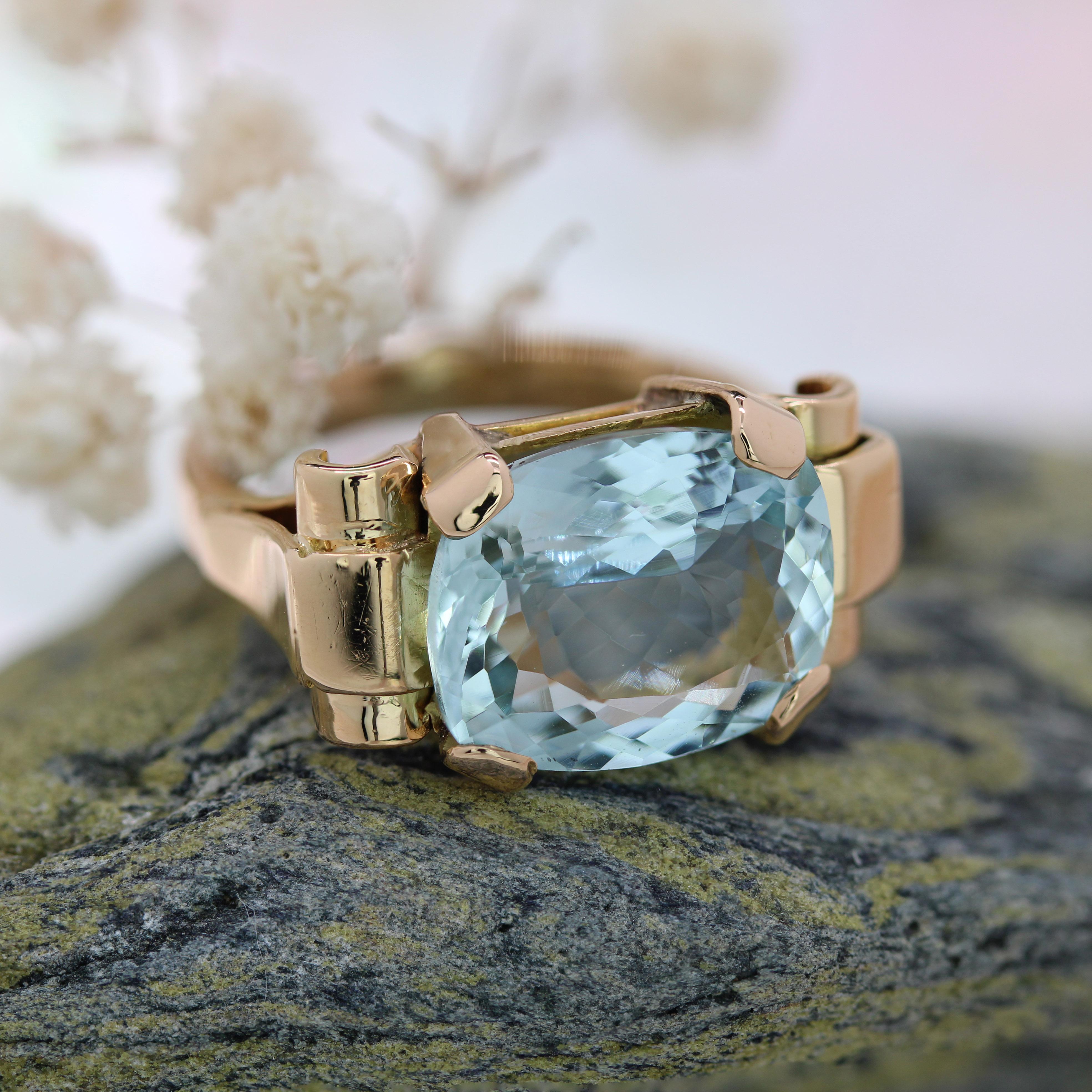 Französischer 1940er Aquamarin 18 Karat Rose Gold Tank Ring im Angebot 6