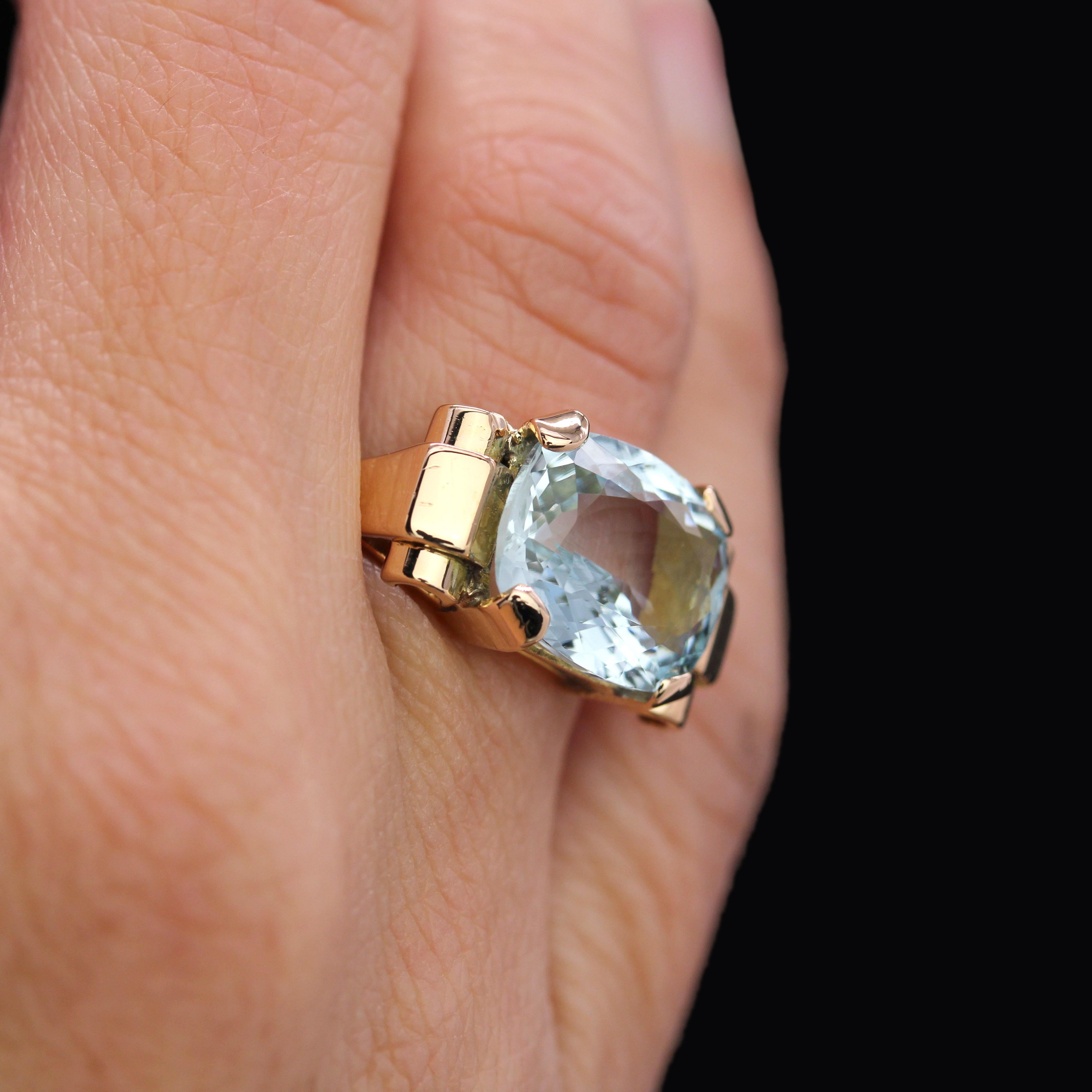 Französischer 1940er Aquamarin 18 Karat Rose Gold Tank Ring im Angebot 7