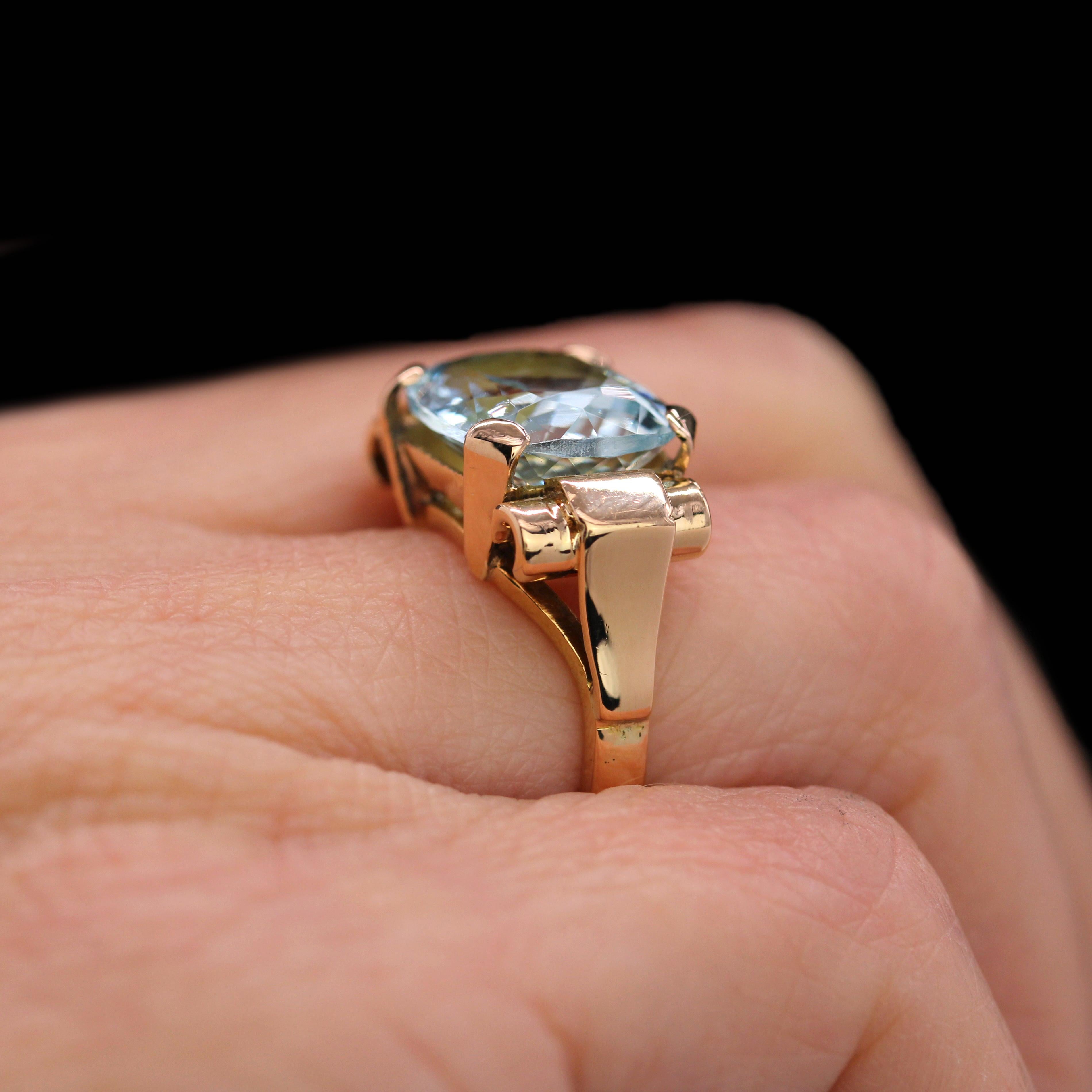 Französischer 1940er Aquamarin 18 Karat Rose Gold Tank Ring im Angebot 8