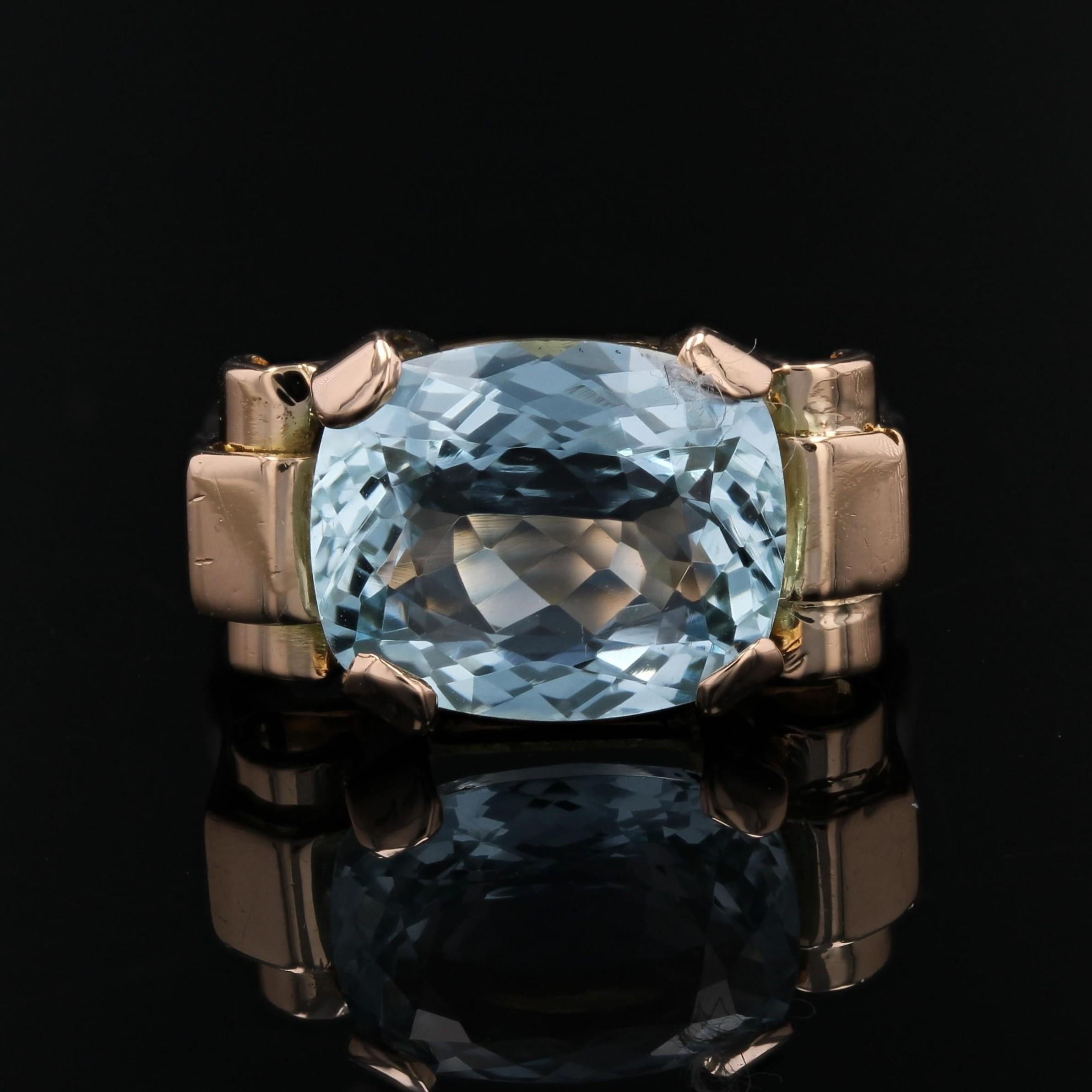 Französischer 1940er Aquamarin 18 Karat Rose Gold Tank Ring im Zustand „Gut“ im Angebot in Poitiers, FR