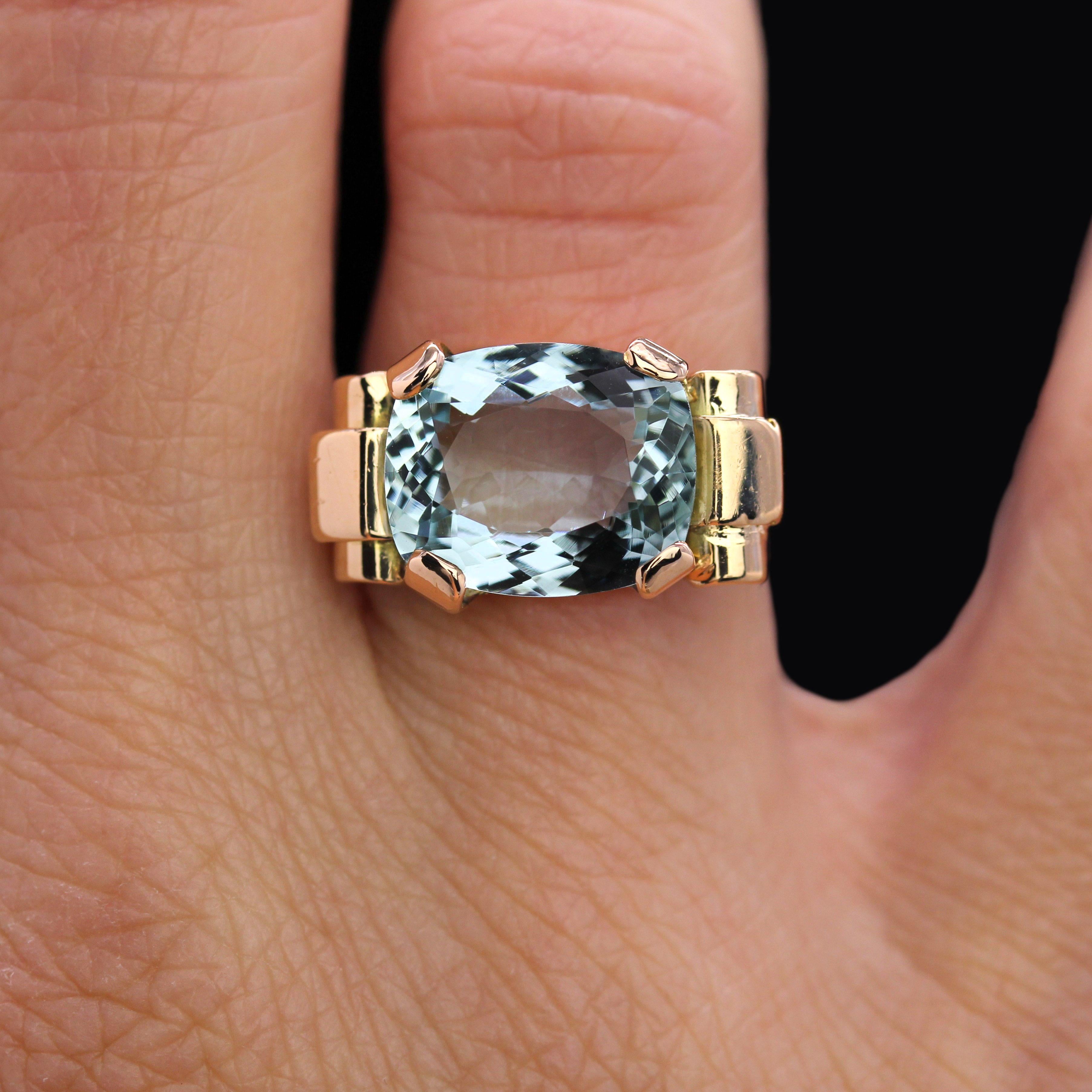 Französischer 1940er Aquamarin 18 Karat Rose Gold Tank Ring Damen im Angebot
