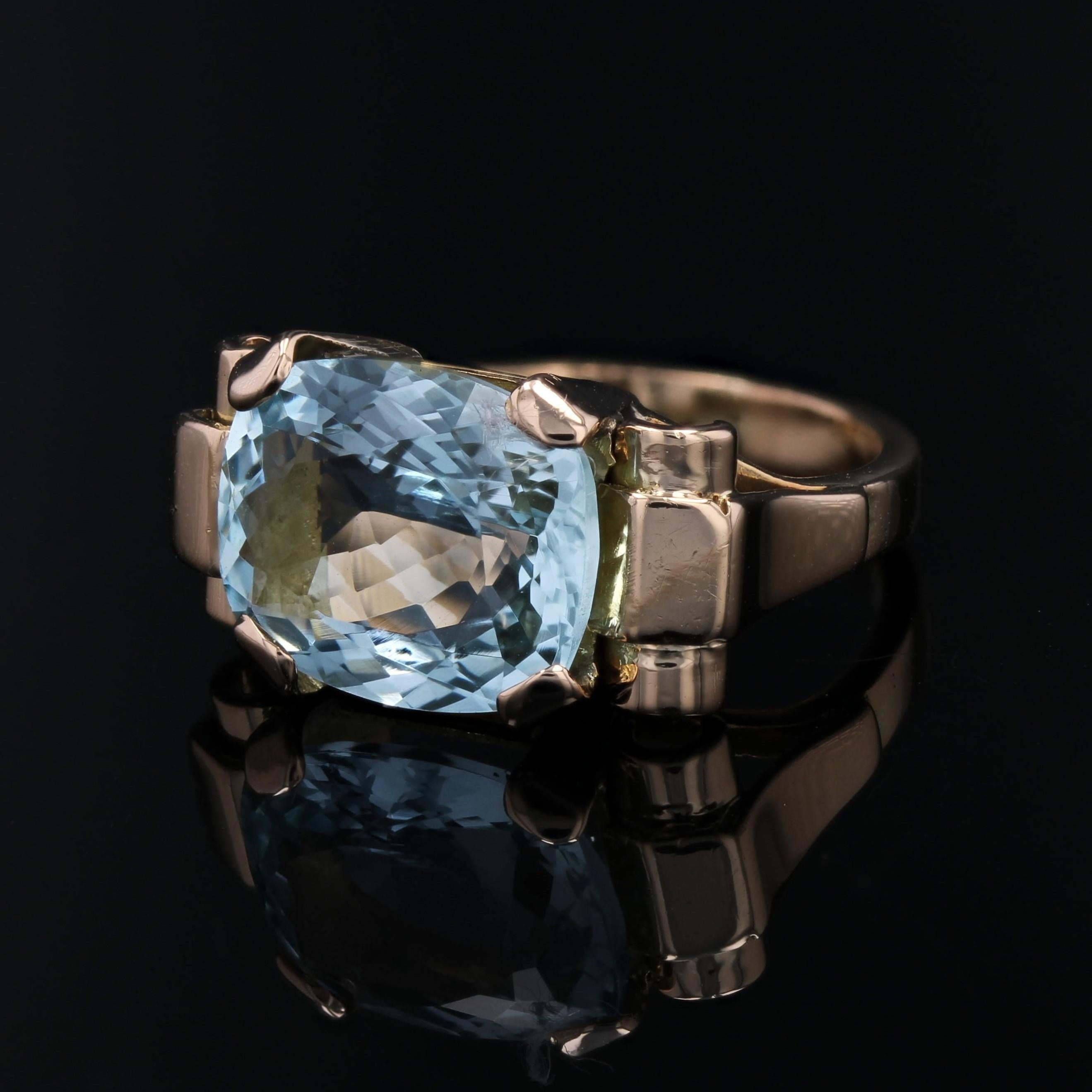 Französischer 1940er Aquamarin 18 Karat Rose Gold Tank Ring im Angebot 1