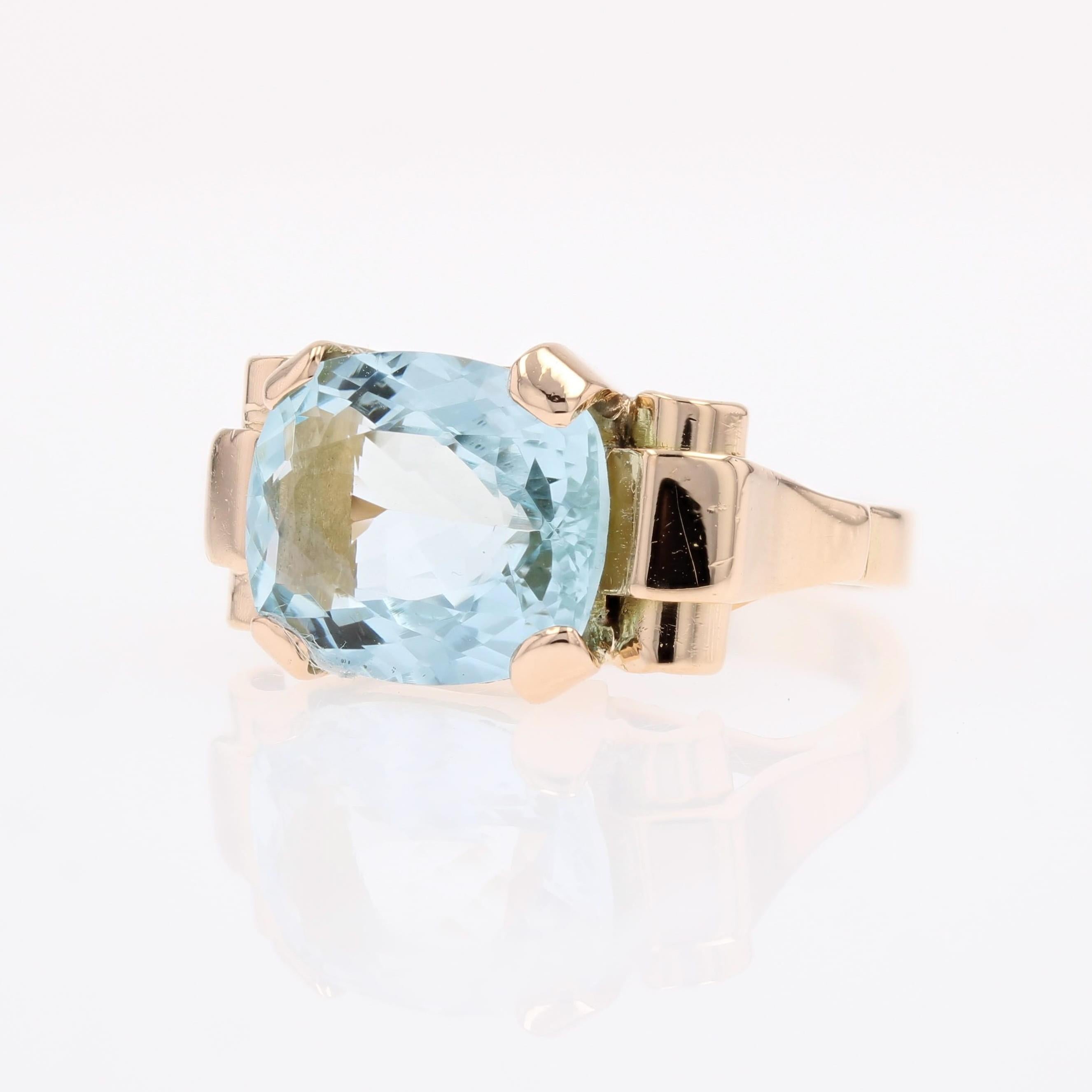 Französischer 1940er Aquamarin 18 Karat Rose Gold Tank Ring im Angebot 2