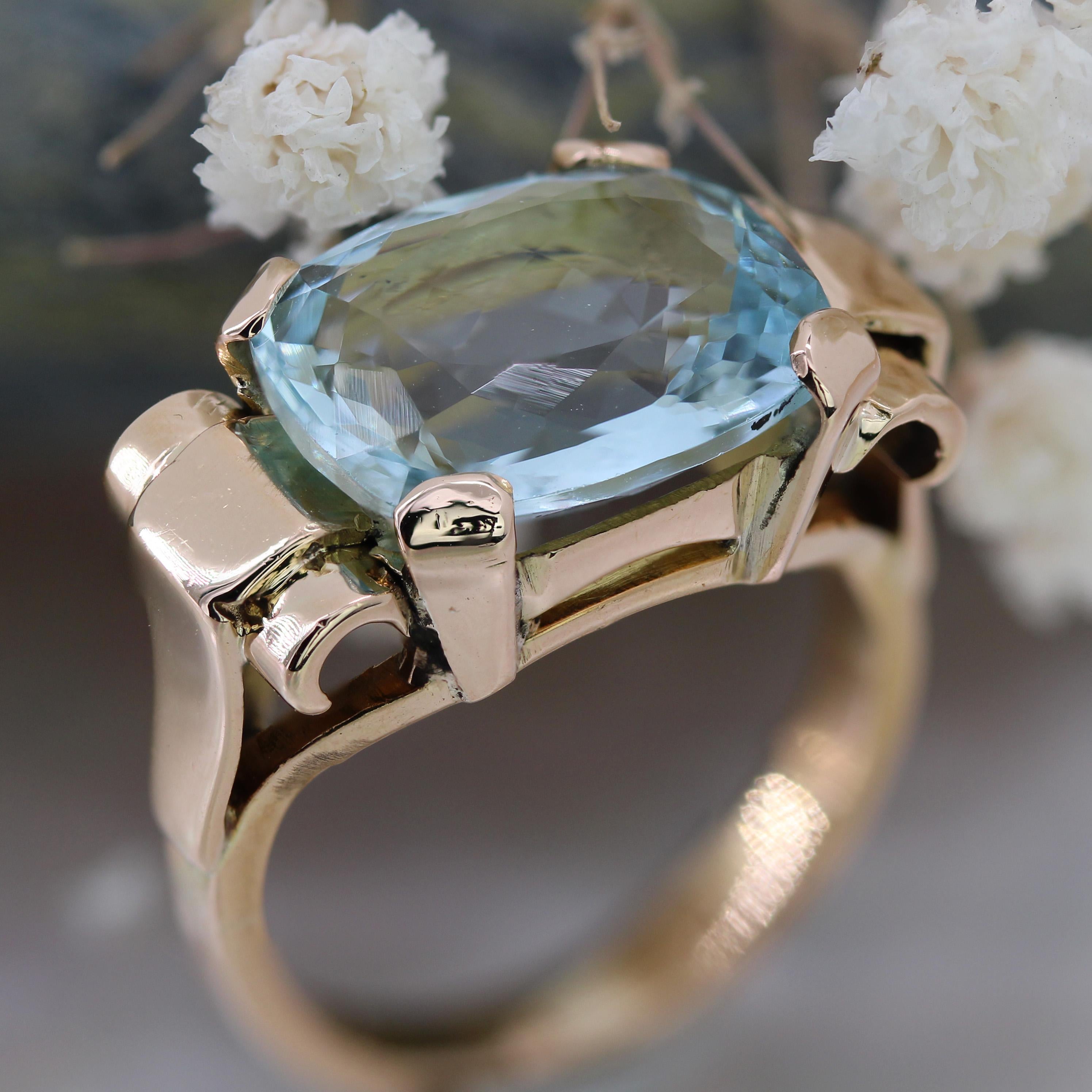 Französischer 1940er Aquamarin 18 Karat Rose Gold Tank Ring im Angebot 3
