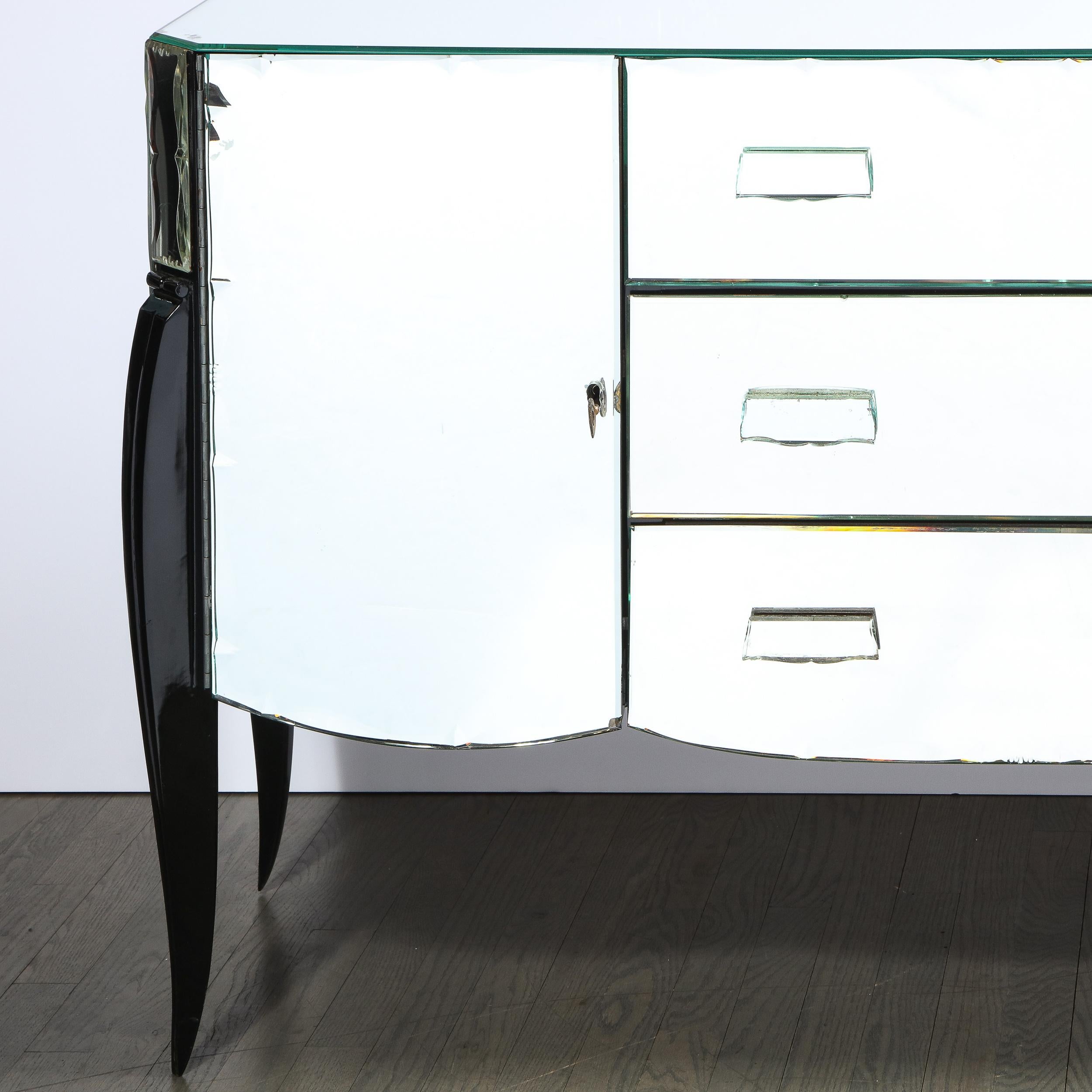 Mid-20th Century French 1940s Art Deco Beveled Mirrored Chest with Ebonized Walnut Cabriolet Legs