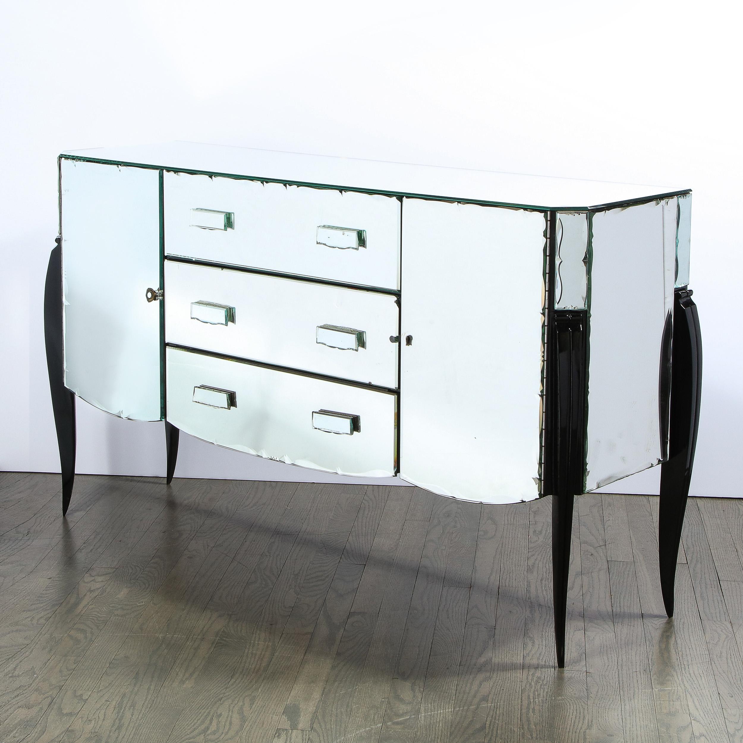 French 1940s Art Deco Beveled Mirrored Chest with Ebonized Walnut Cabriolet Legs 4