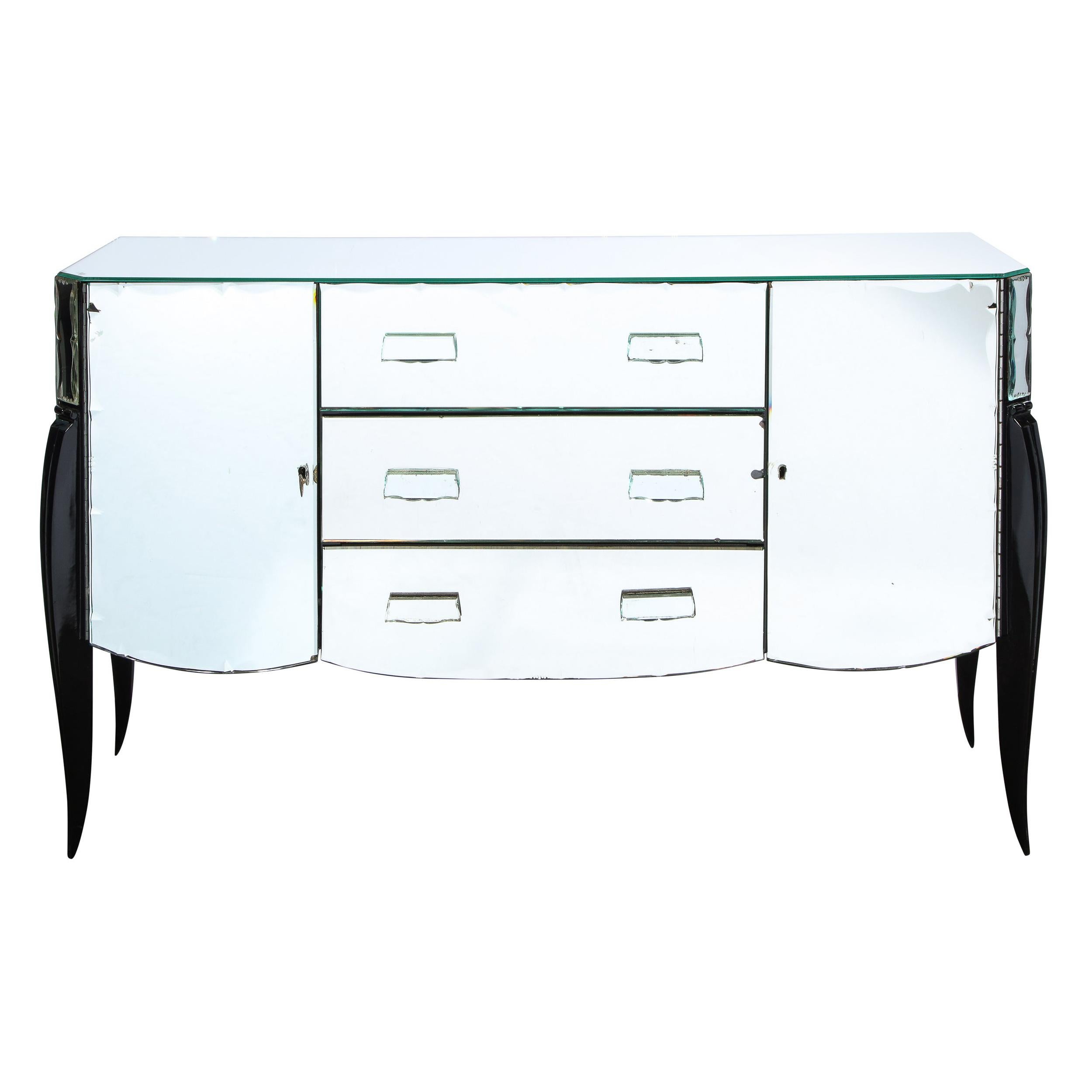 French 1940s Art Deco Beveled Mirrored Chest with Ebonized Walnut Cabriolet Legs