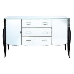 French 1940s Art Deco Beveled Mirrored Chest with Ebonized Walnut Cabriolet Legs