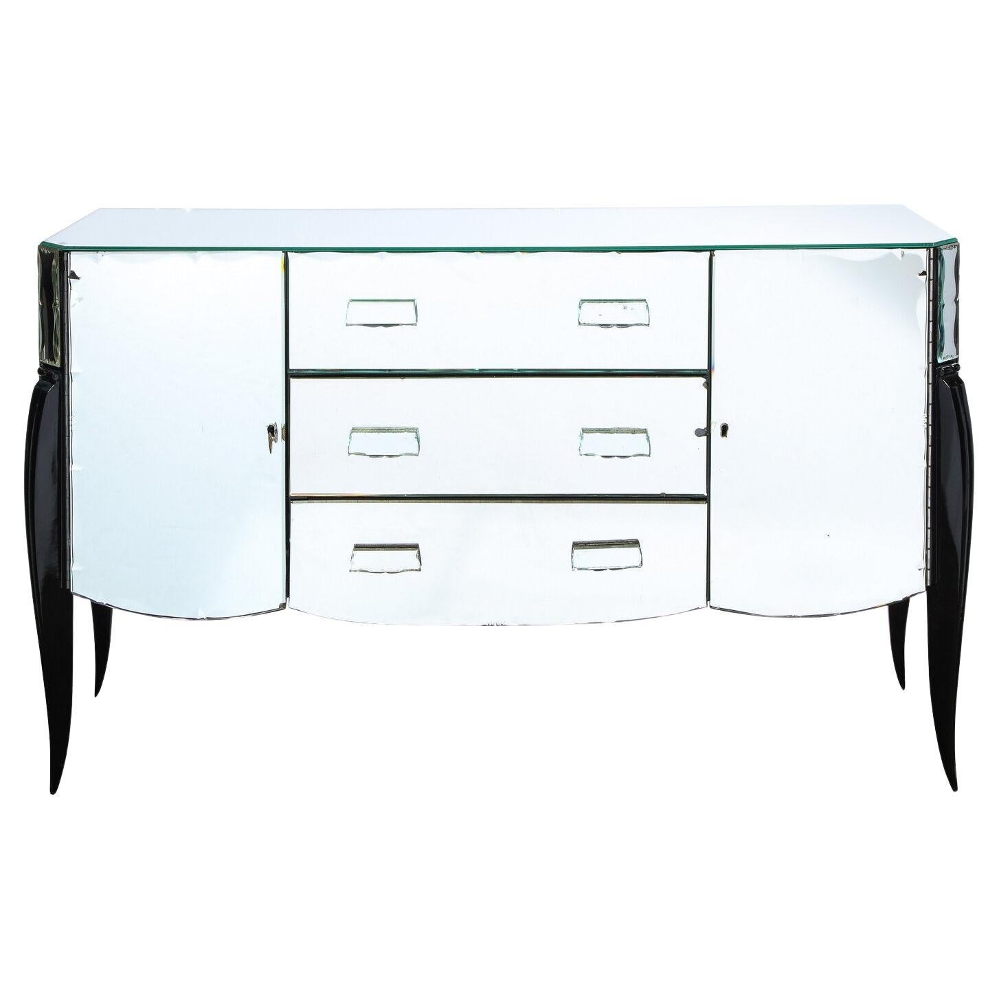 French 1940s Art Deco Beveled Mirrored Chest with Ebonized Walnut Cabriolet Legs