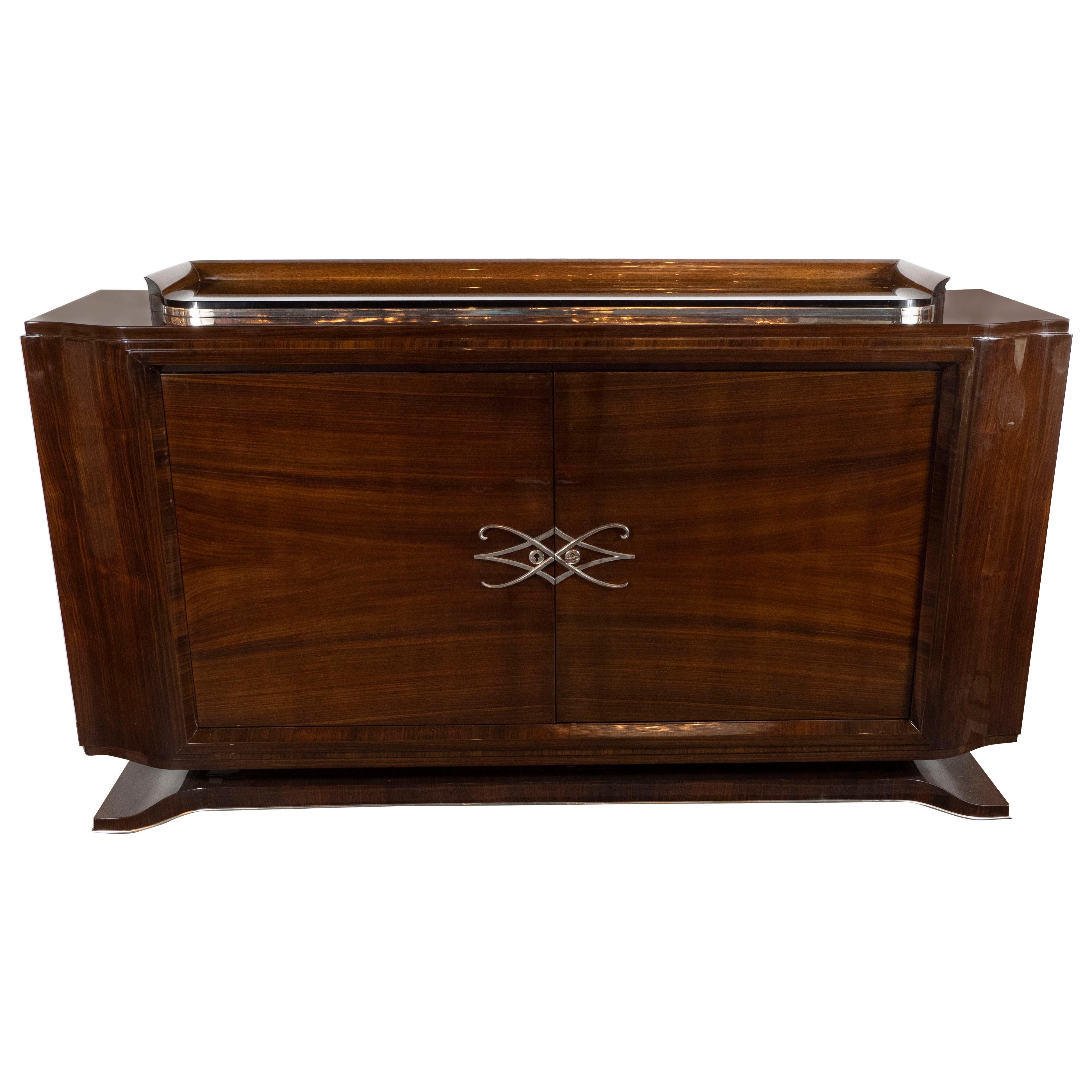 French 1940s Art Deco Bookmatched Walnut Sideboard with Nickeled Bronze Details