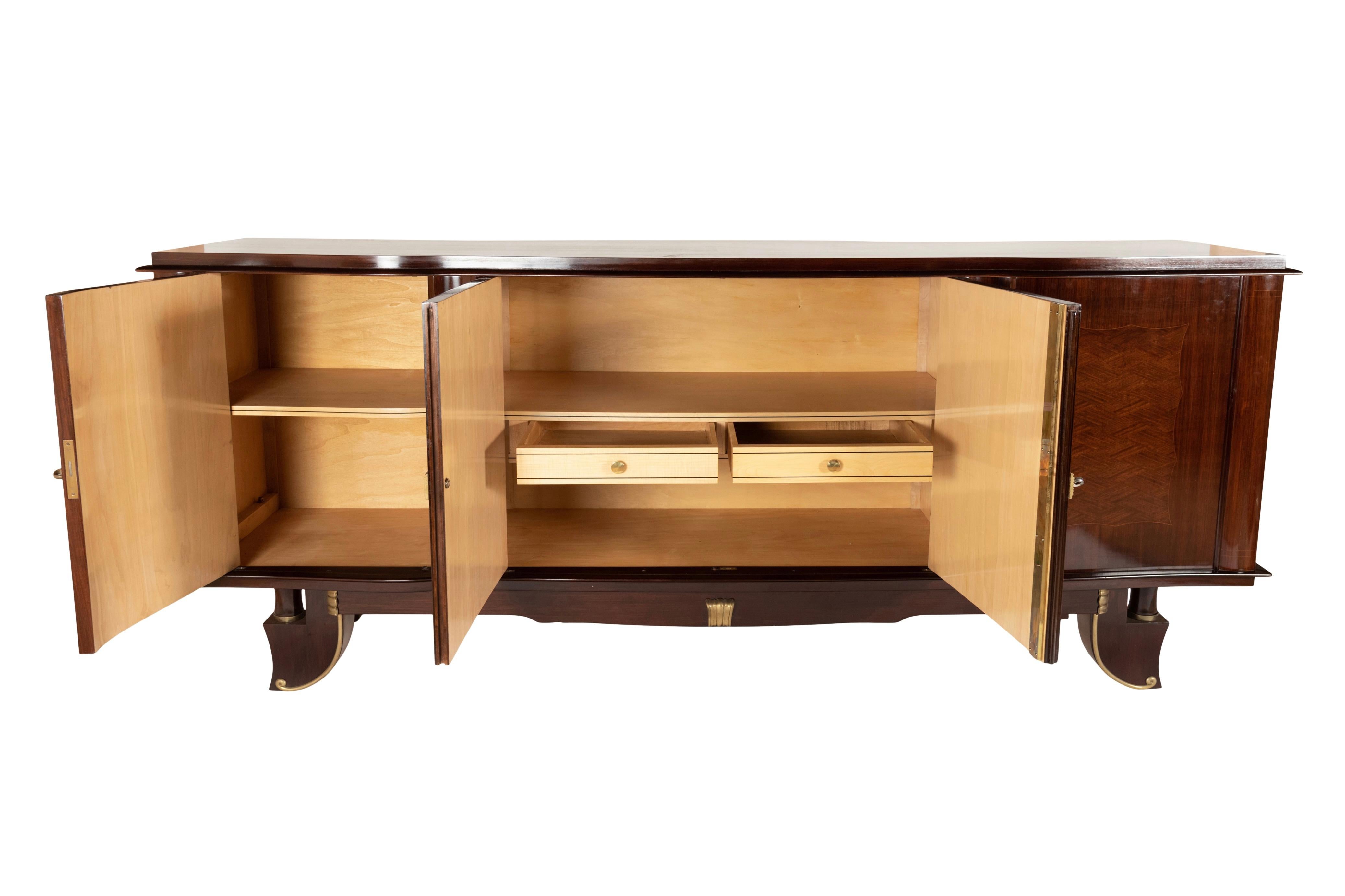 Polished French 1940s Art Deco Sideboard with Elegant Marquetry and Brass Fittings For Sale
