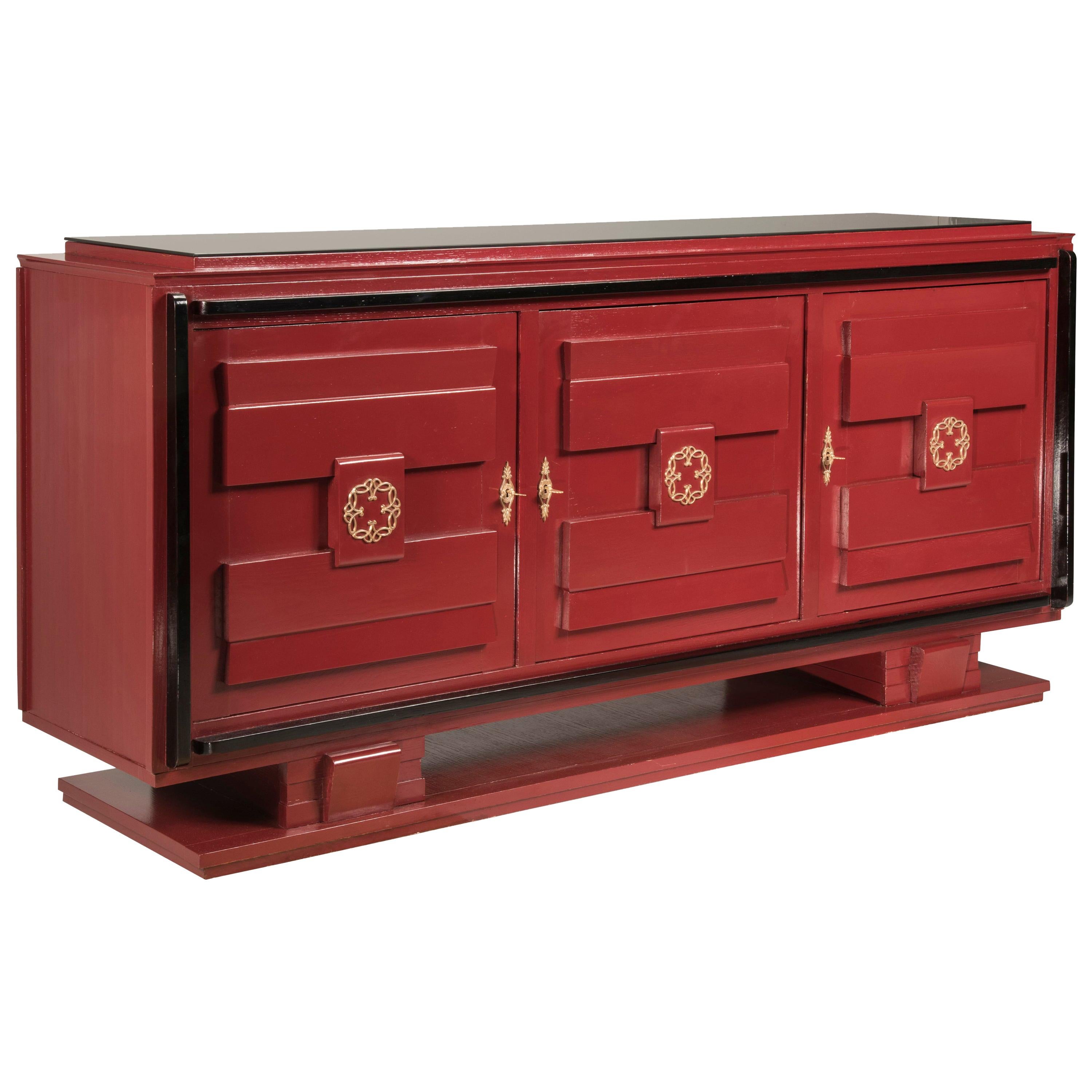 French 1940s Art Deco Style Red Lacquered and Black Details and Top Credenza