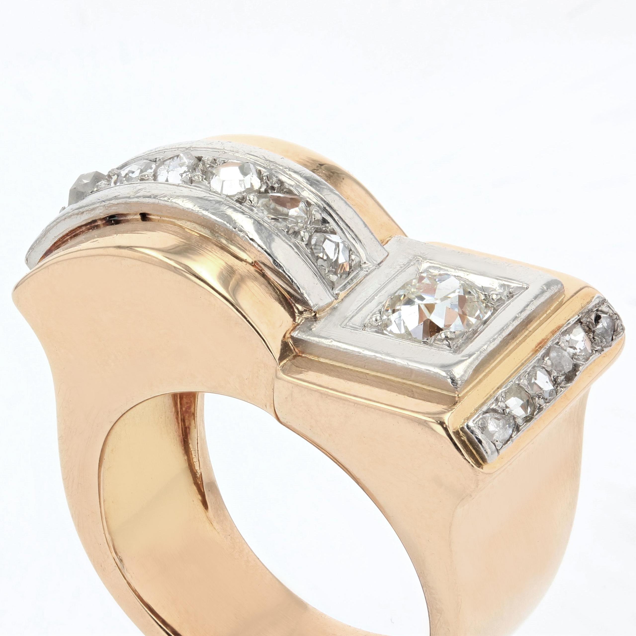 Retro French 1940s Asymmetrical Diamond 18 Karat Rose Gold Tank Ring For Sale