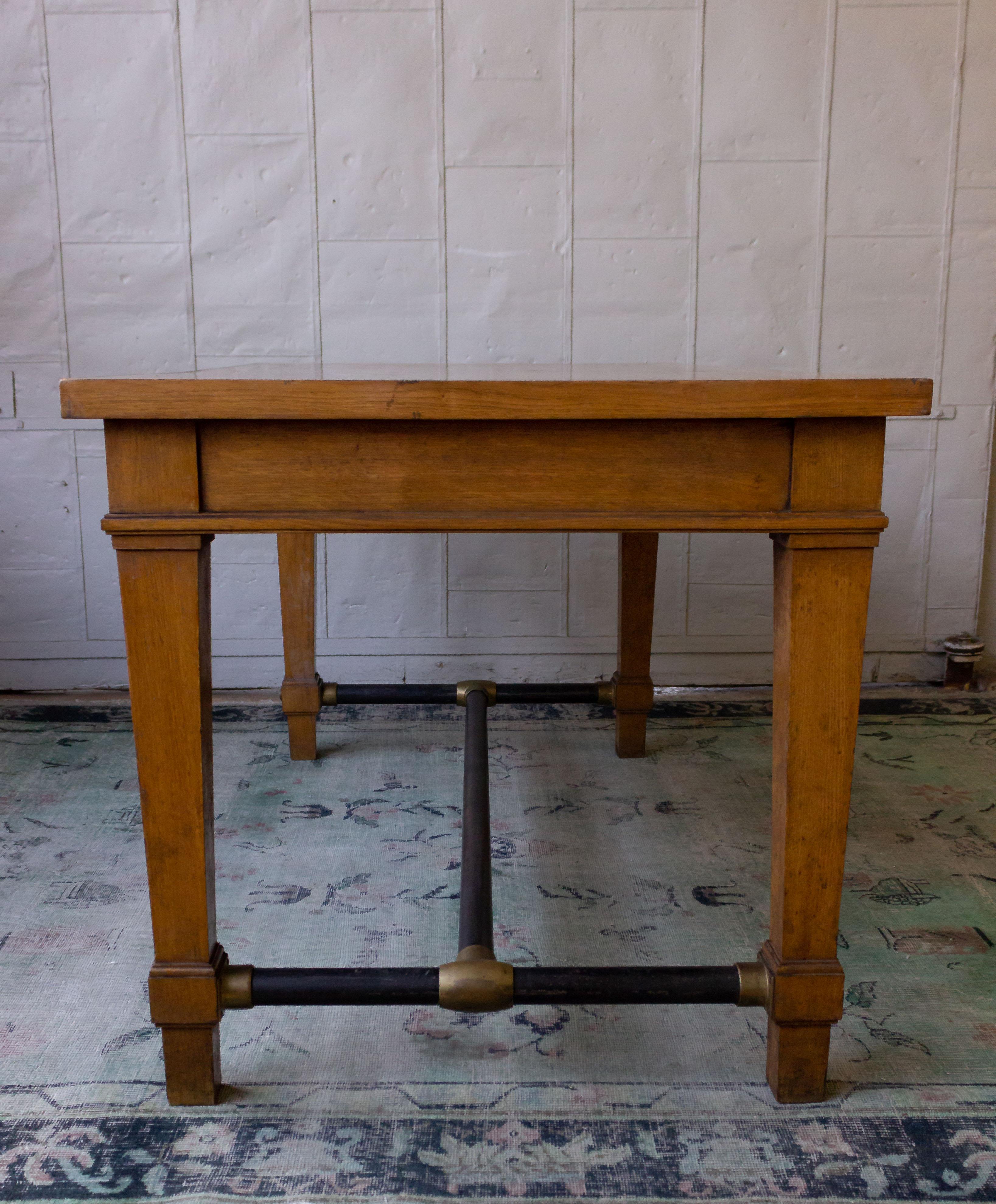 Mid-20th Century French 1940s Bank Table with Iron Stretcher
