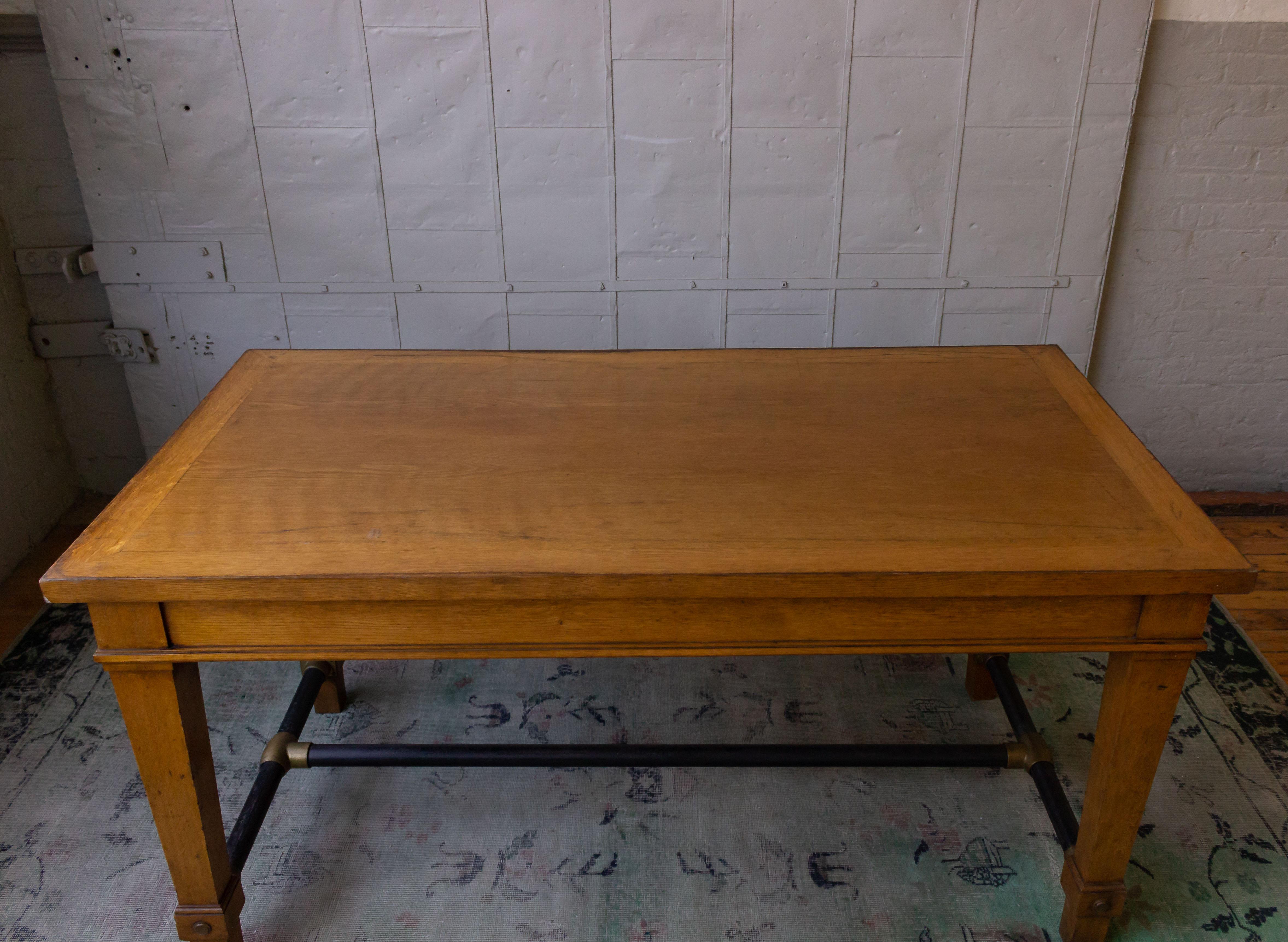 French 1940s Bank Table with Iron Stretcher 1