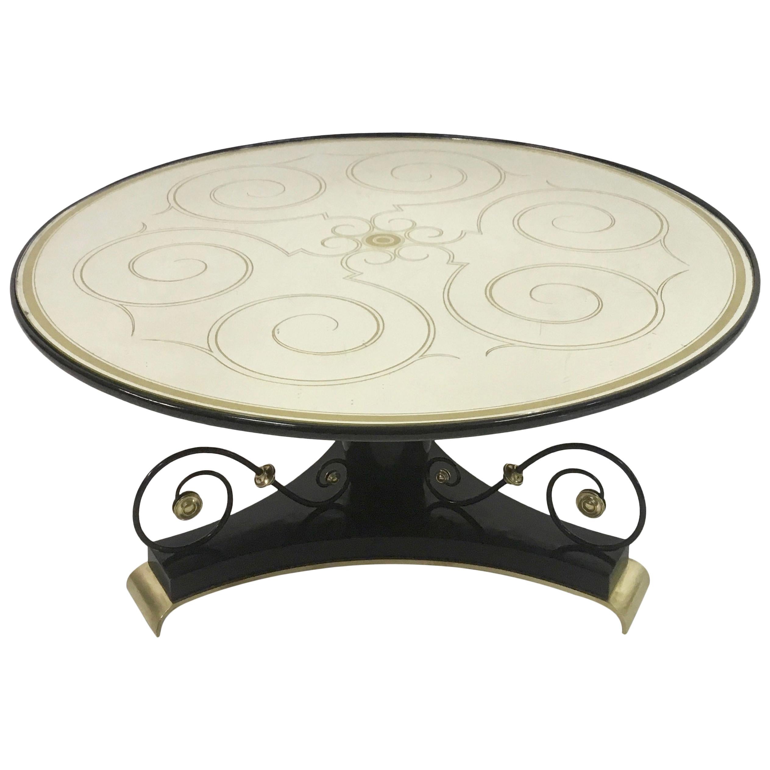 French 1940s Black Lacquered Guéridon with Verre Églomisé Mirror Top For Sale