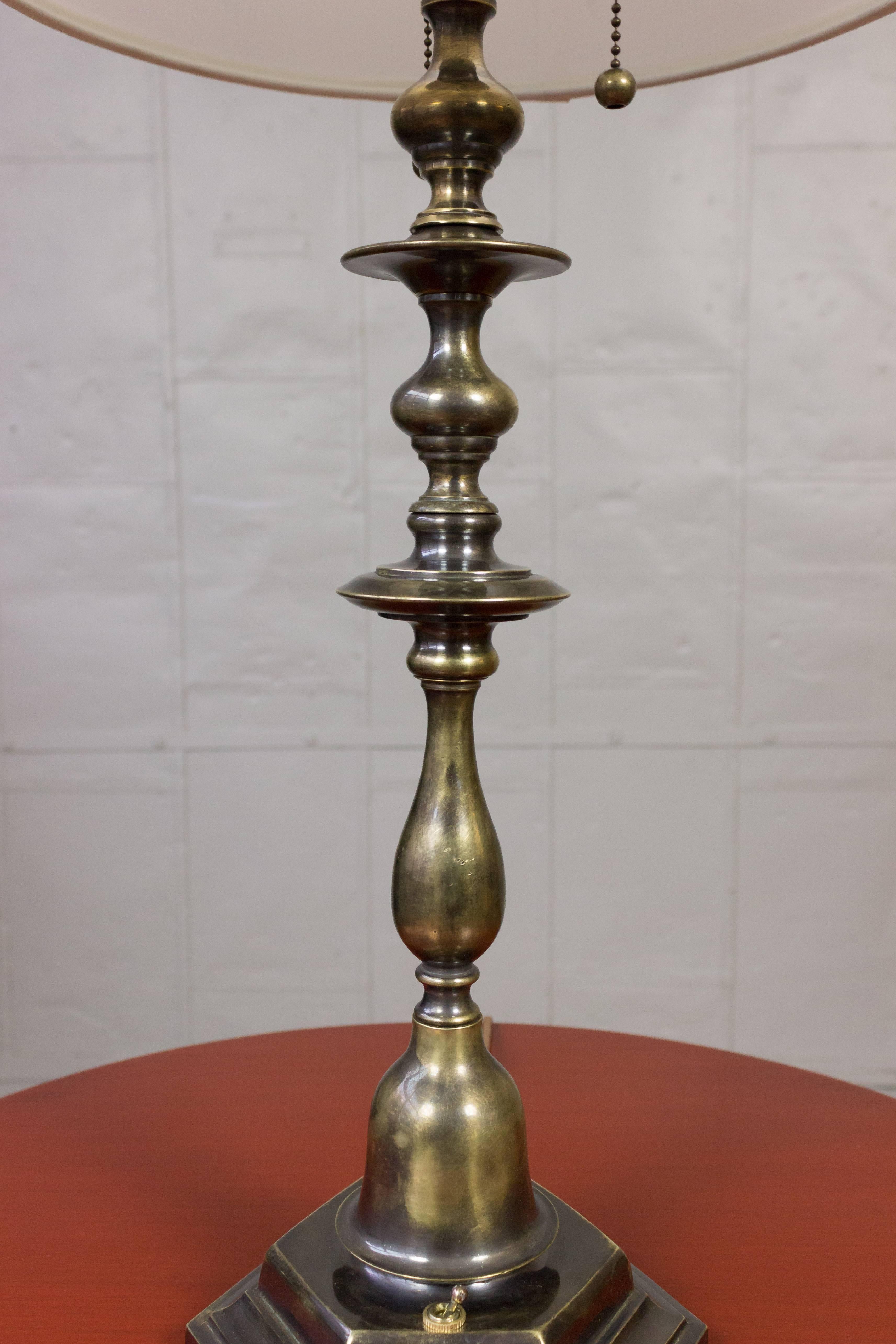 Neoclassical French 1940s Brass and Bronze Table Lamp with Hand Finished Patina