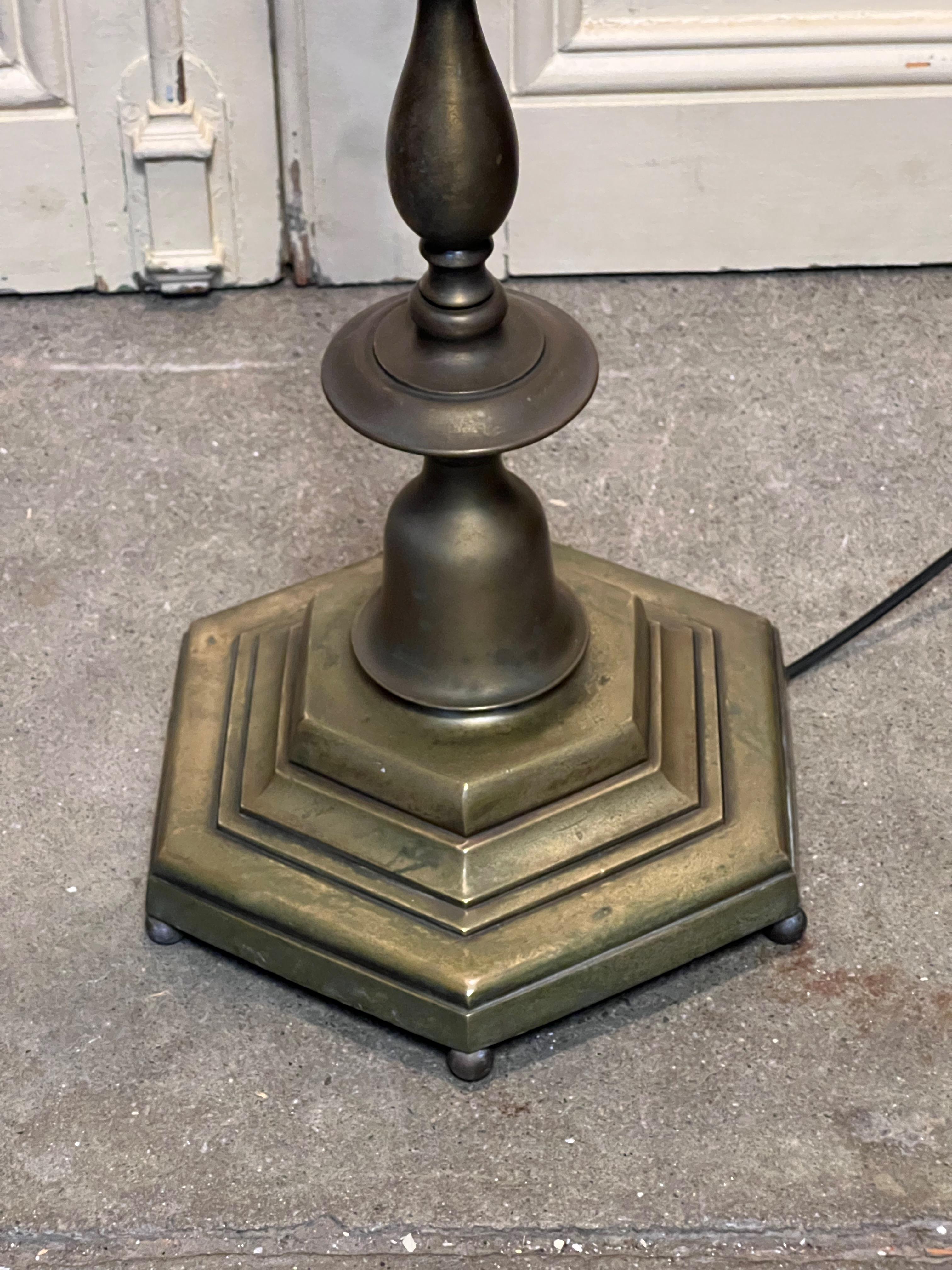 Polished French 1940's Brass & Bronze Floor Lamp with Hand Finished Patina For Sale