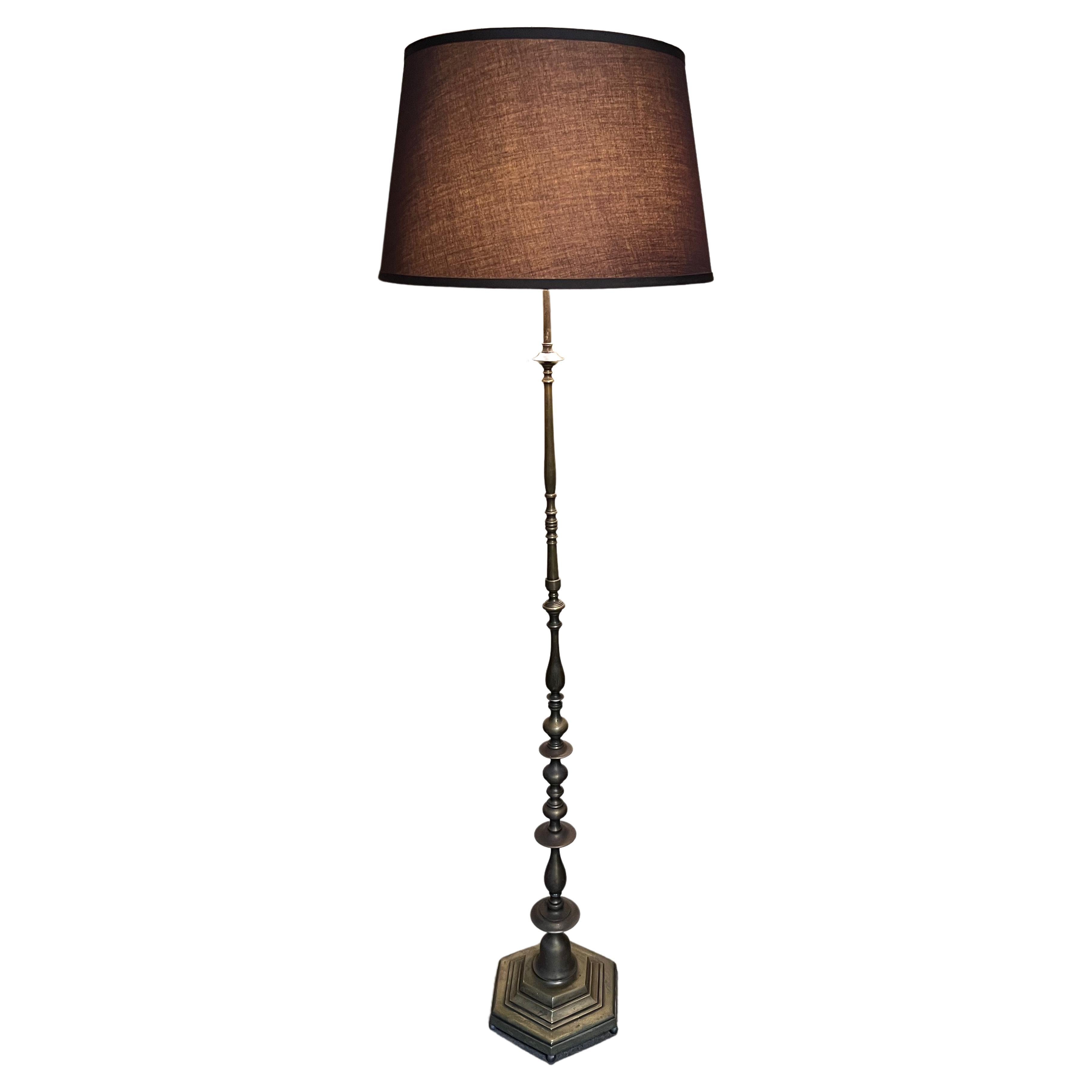 French 1940's Brass & Bronze Floor Lamp with Hand Finished Patina For Sale