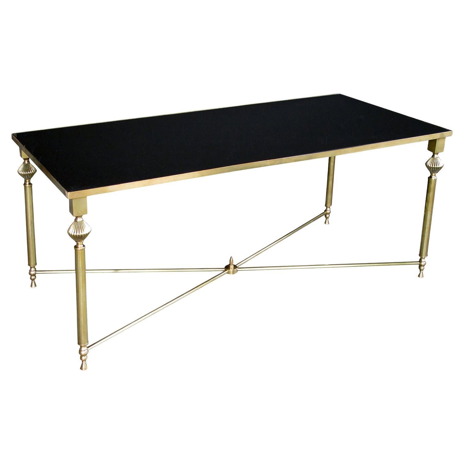 French 1940s Brass Rectangular Coffee Table with Black Glass Top