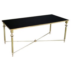 French 1940s Brass Rectangular Coffee Table with Black Glass Top