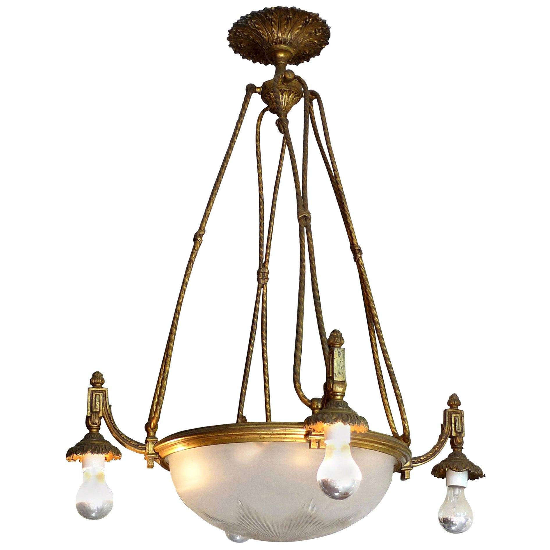 French 1940s Bronze and Crystal Chandelier with 8-Light and Frosted Cut Crystal