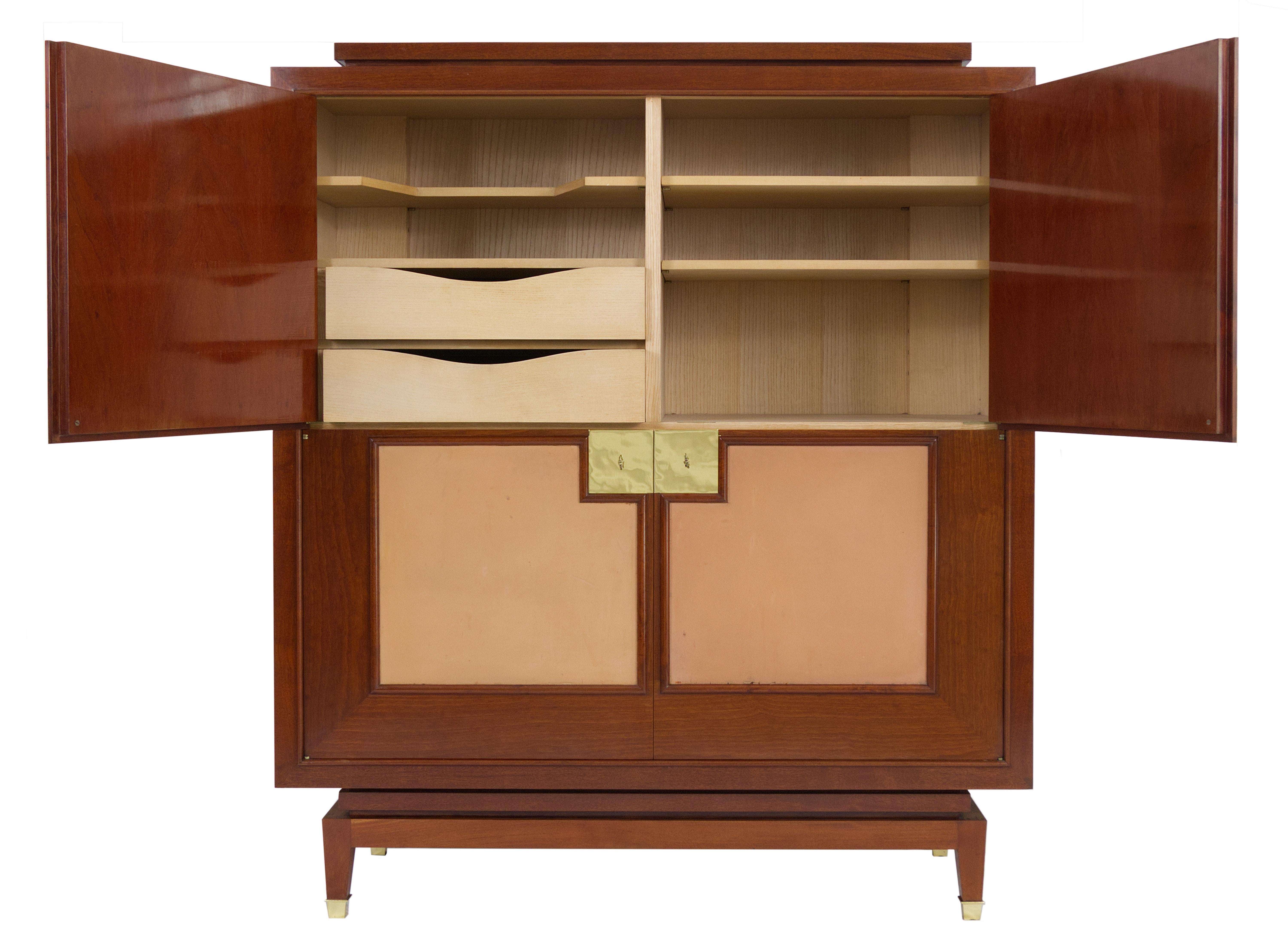 Art Deco French 1940's Cabinet Mahogany and Leather attributed to Rousseau et Lardin For Sale