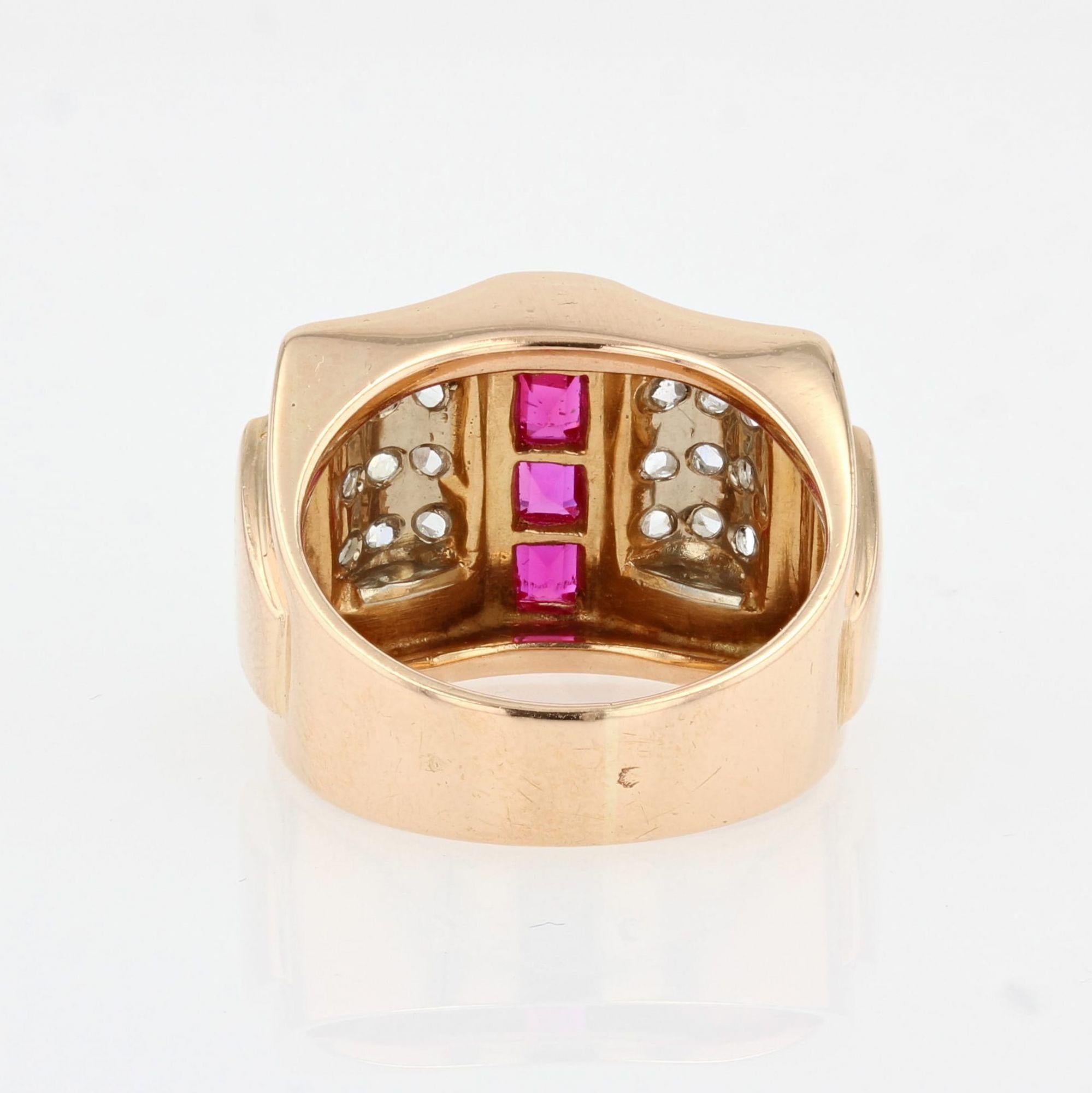 French 1940s Calibrated Rubies Diamonds 18 Karat Rose Gold Tank Ring For Sale 8