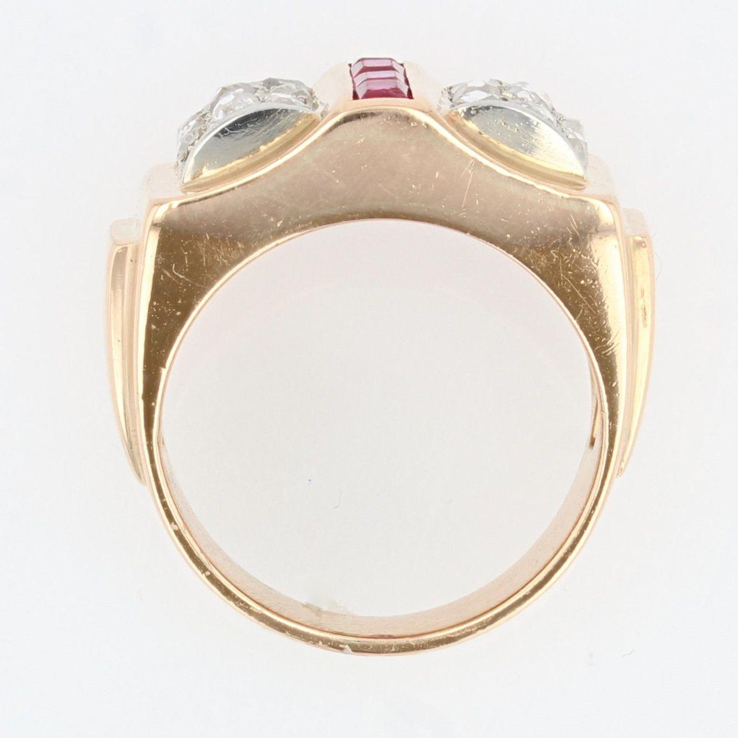French 1940s Calibrated Rubies Diamonds 18 Karat Rose Gold Tank Ring For Sale 10
